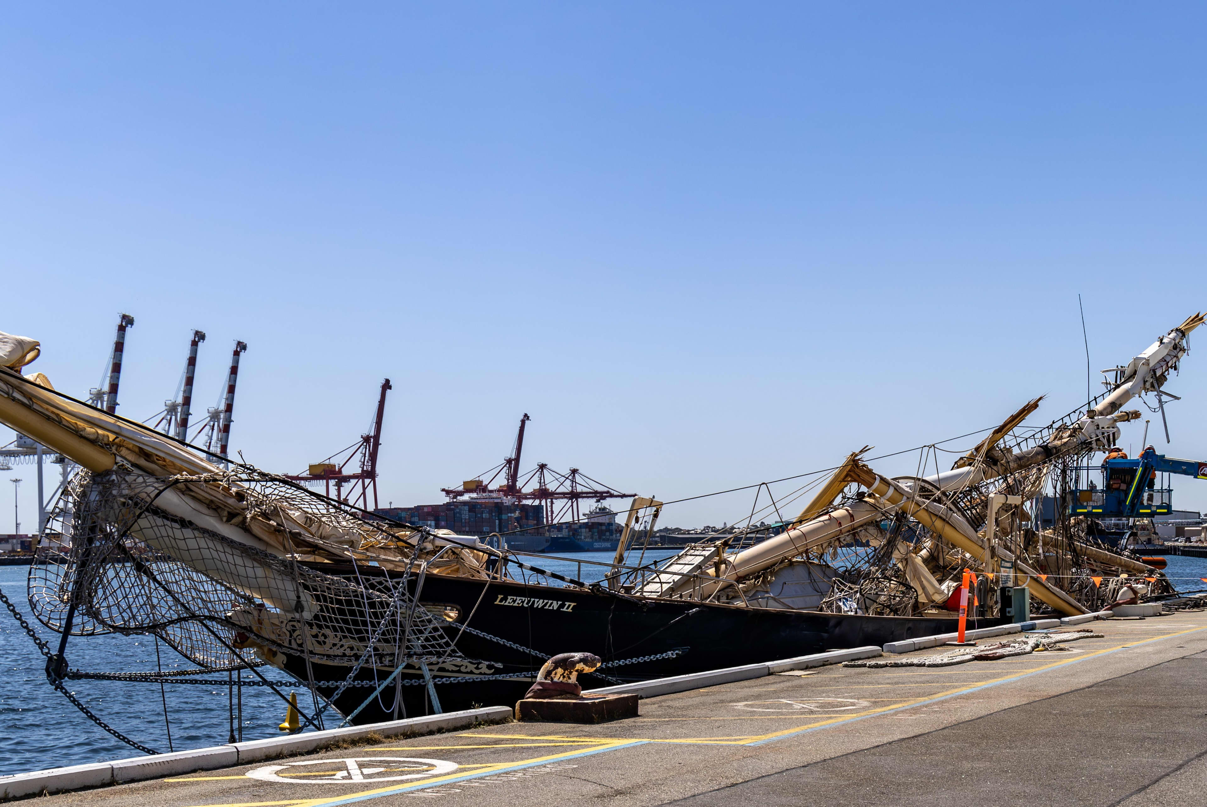 The STS Leeuwin after it was struck by a container ship