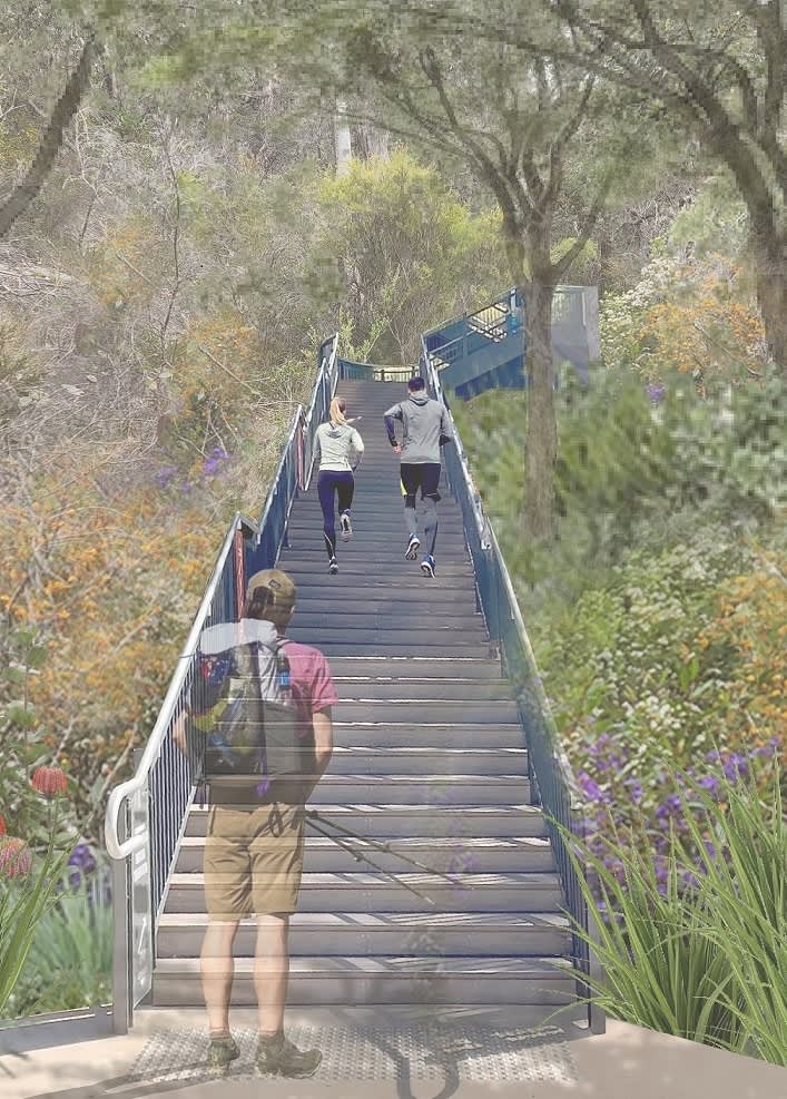 Artist impression of couple running up outdoor staircase surrounded by bushland and hiker with poles about to start the climb