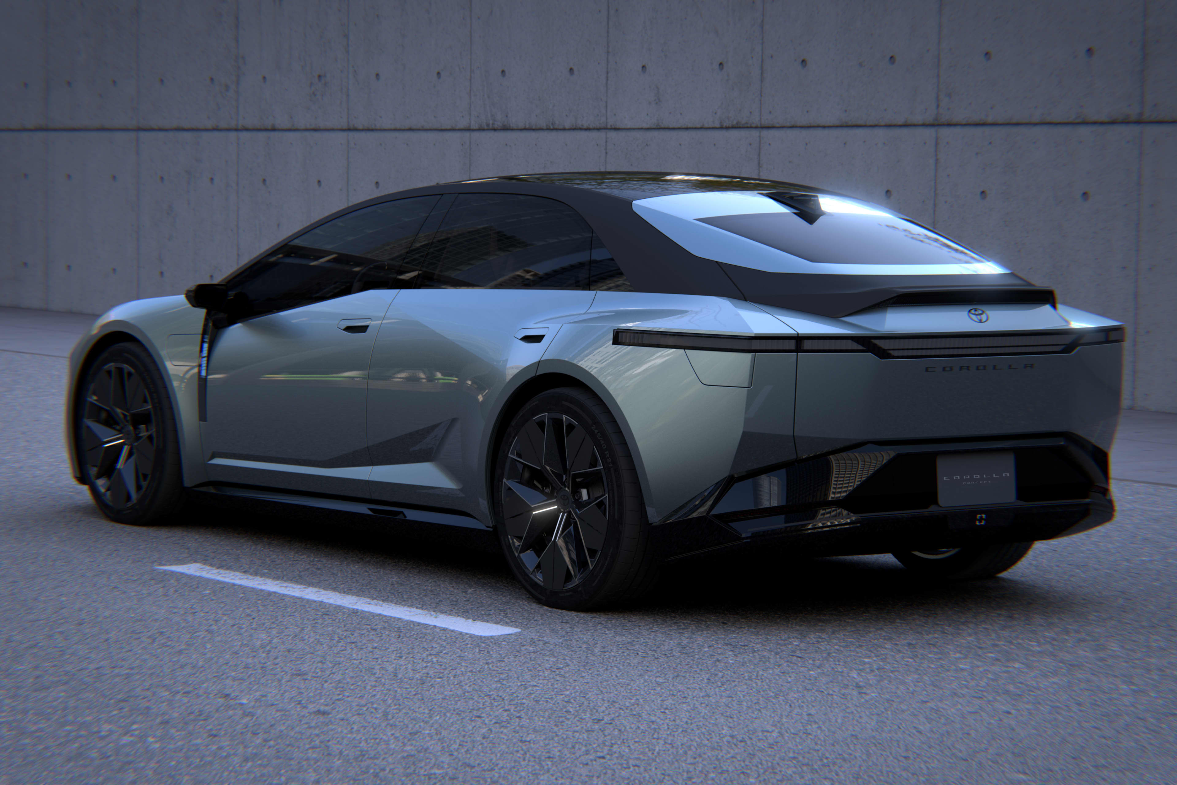 A grey  Toyota Corolla concept car on a tarmac