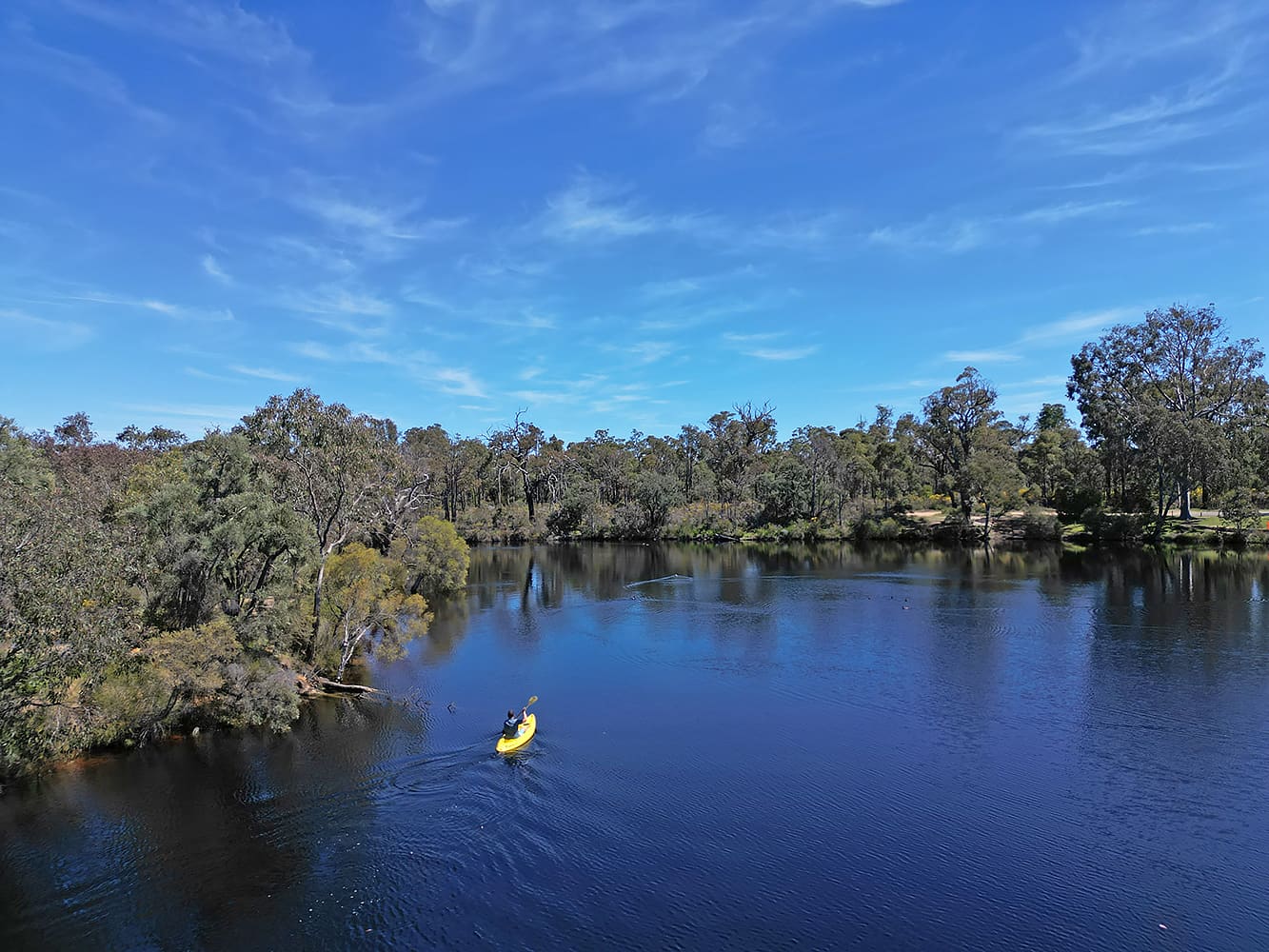 A person kayaking on a river in Collie