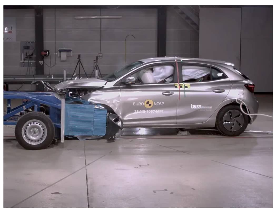 A silver MG3 being crashed tested