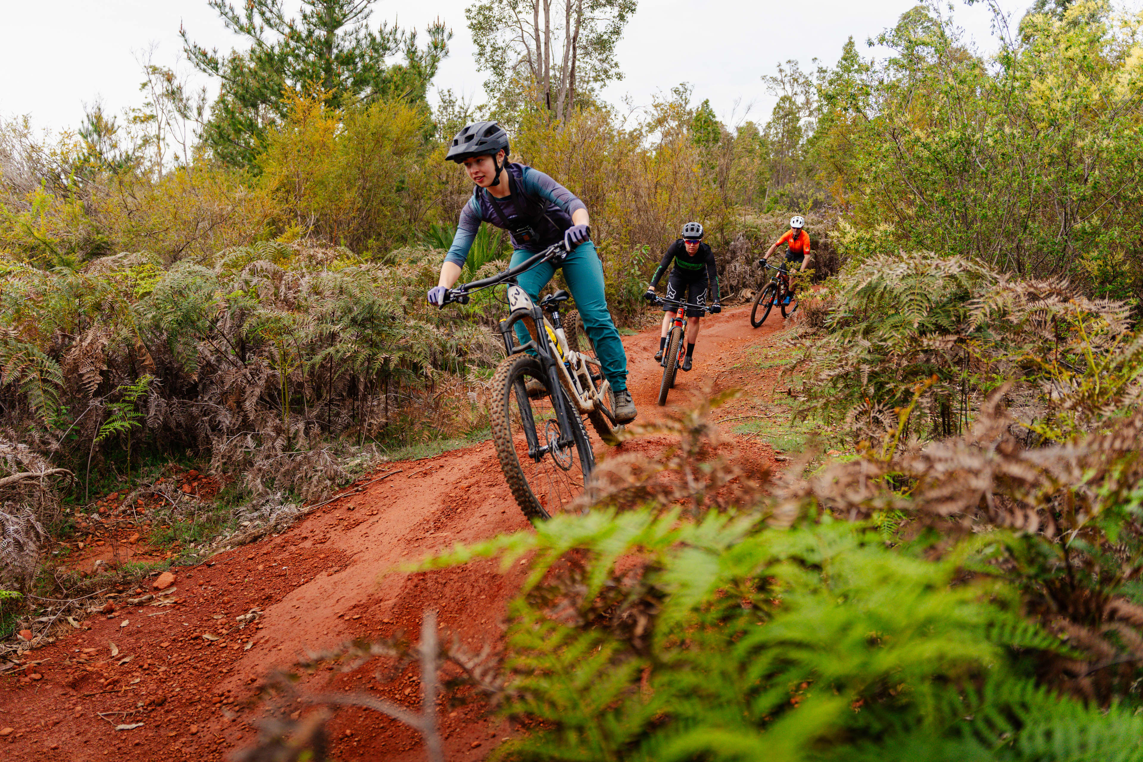 Group of people riding mountain bikes through red dirt trails and trees