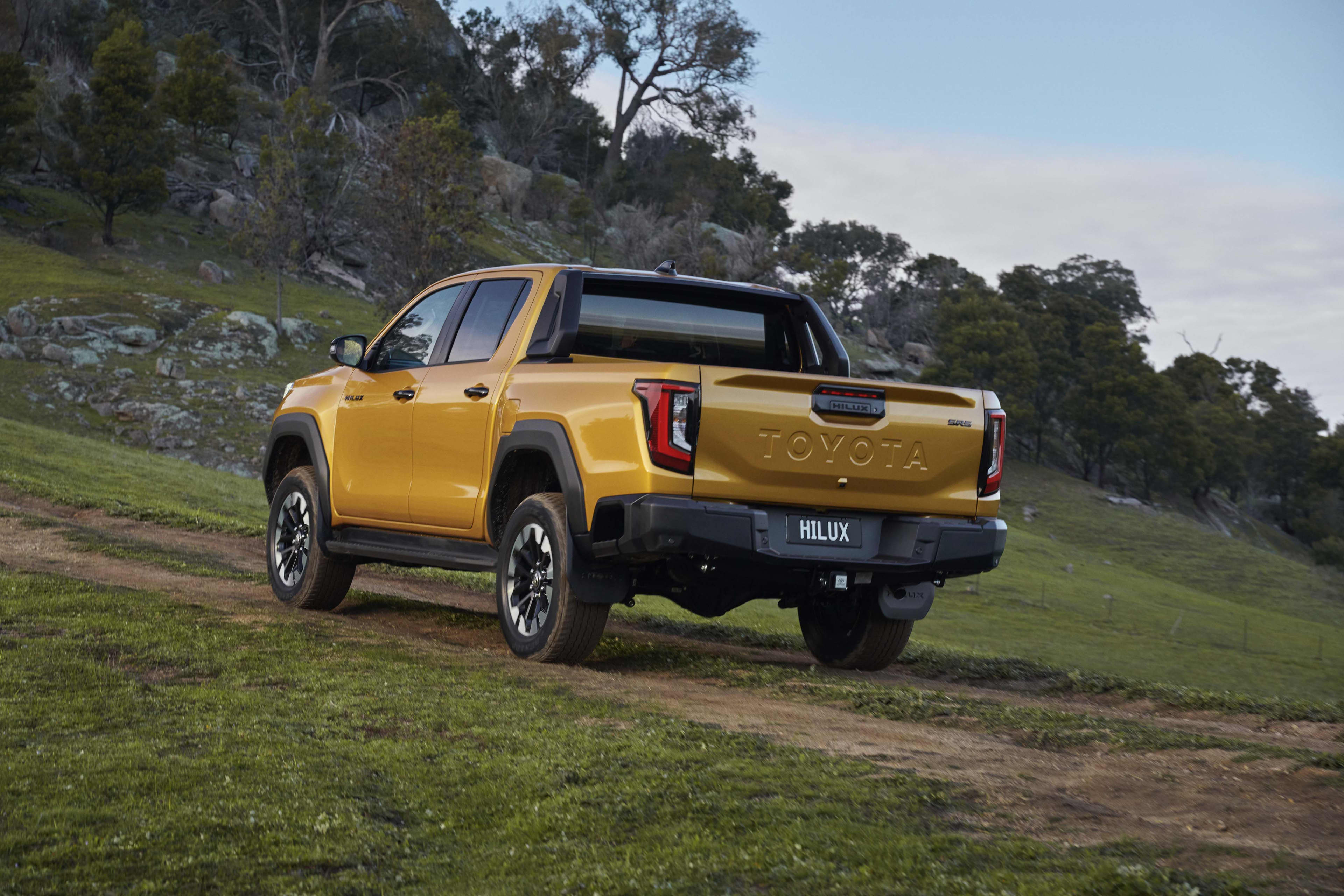 A gold-coloured Toyota HiLux parked in a field see from the rear