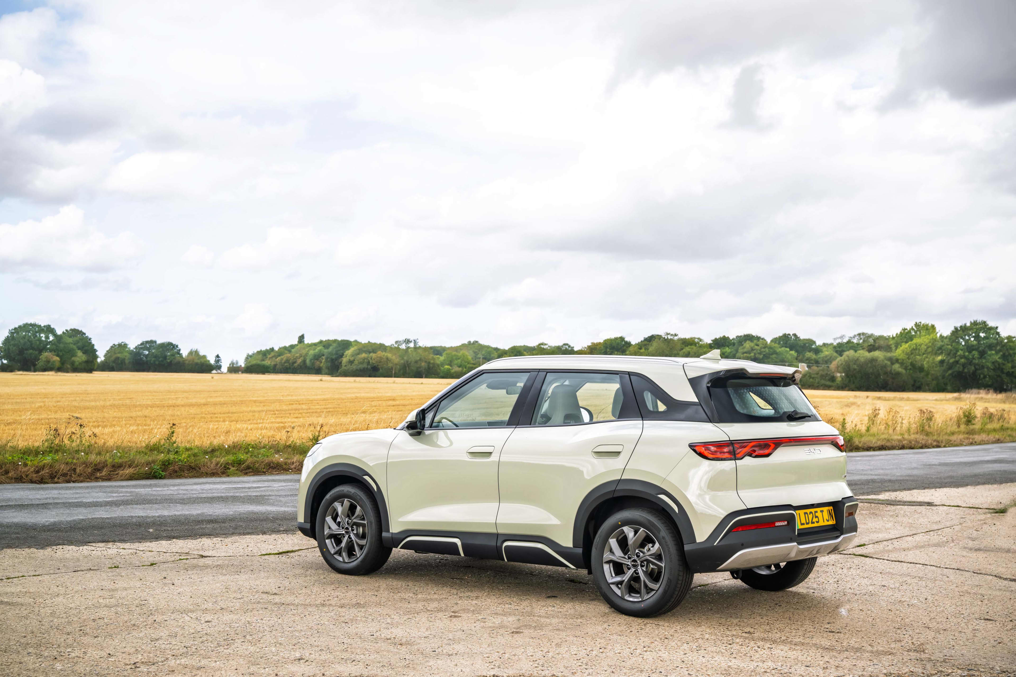 A BYD Atto 2 parked near a field shown from a rear view