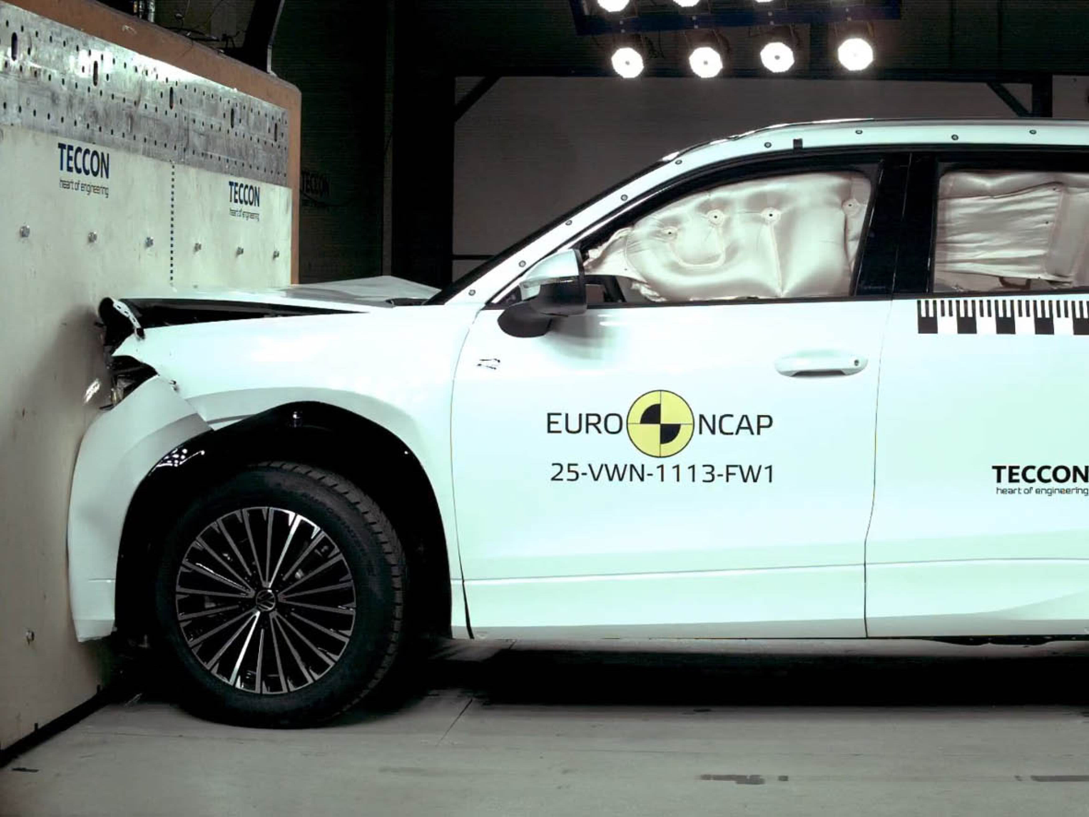 A white SUV being crash tested