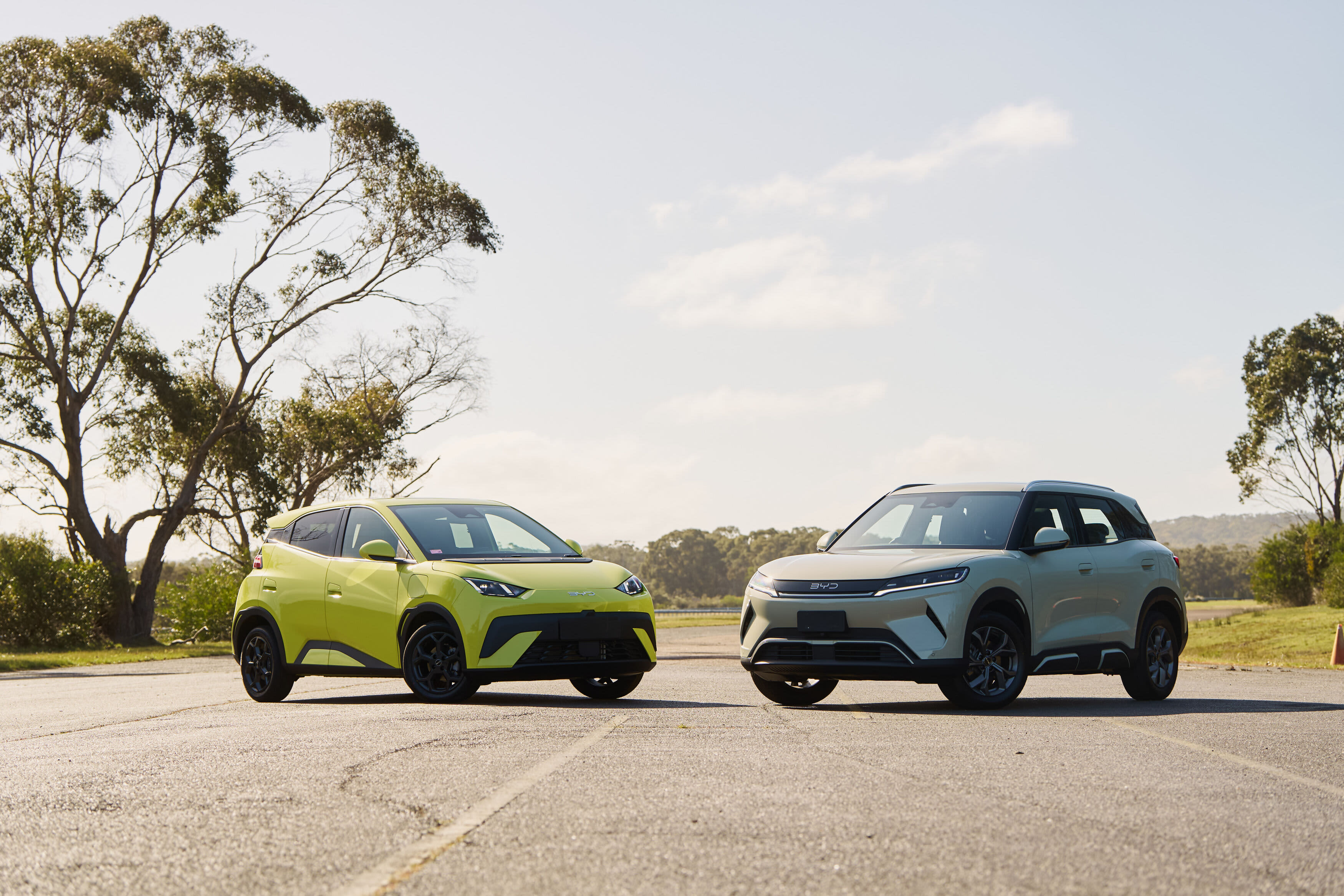 Two BYD cars - a hatch and an SUV - parked on a country road