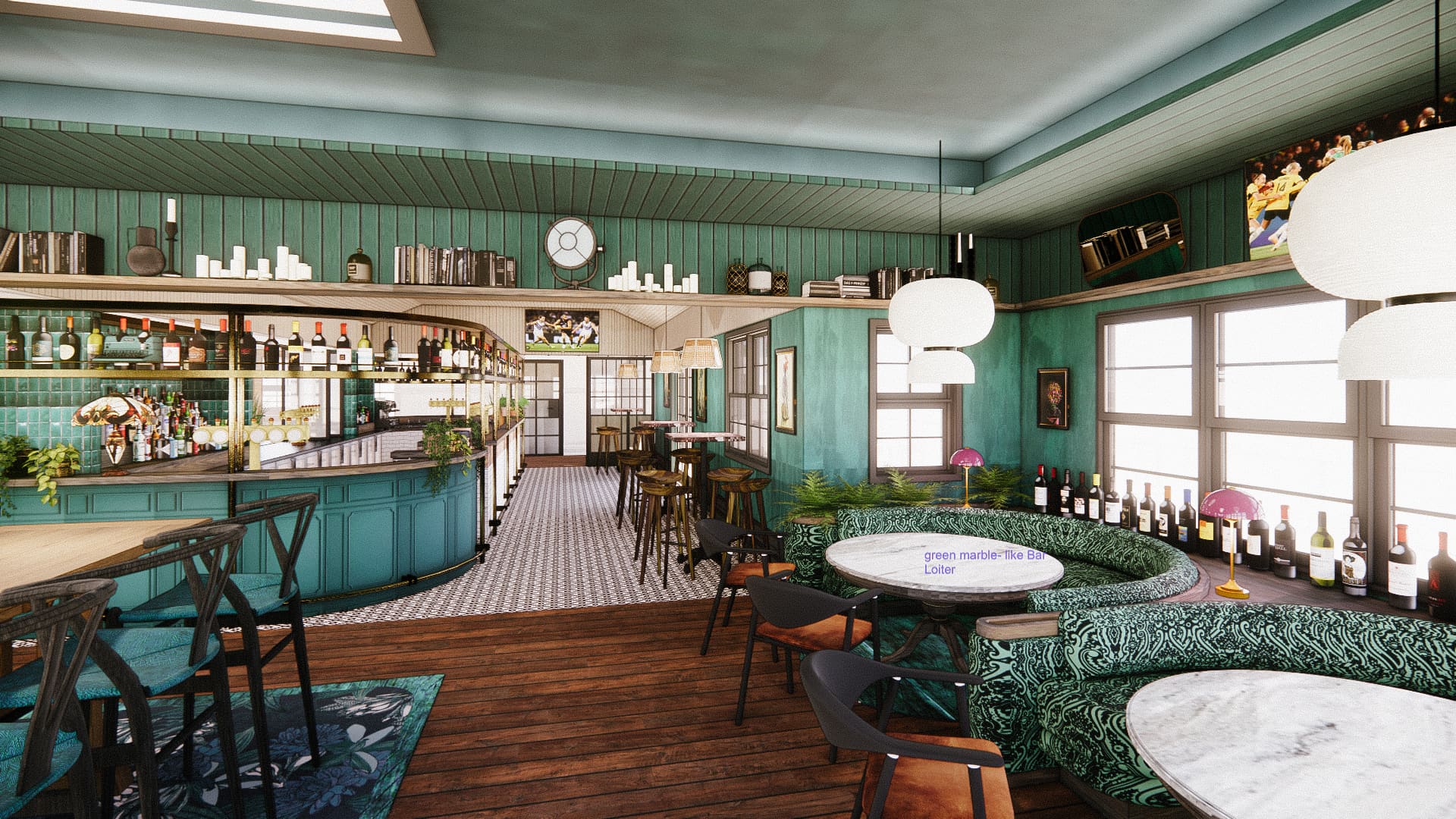 Render of bar scene interior with tables and bar chairs