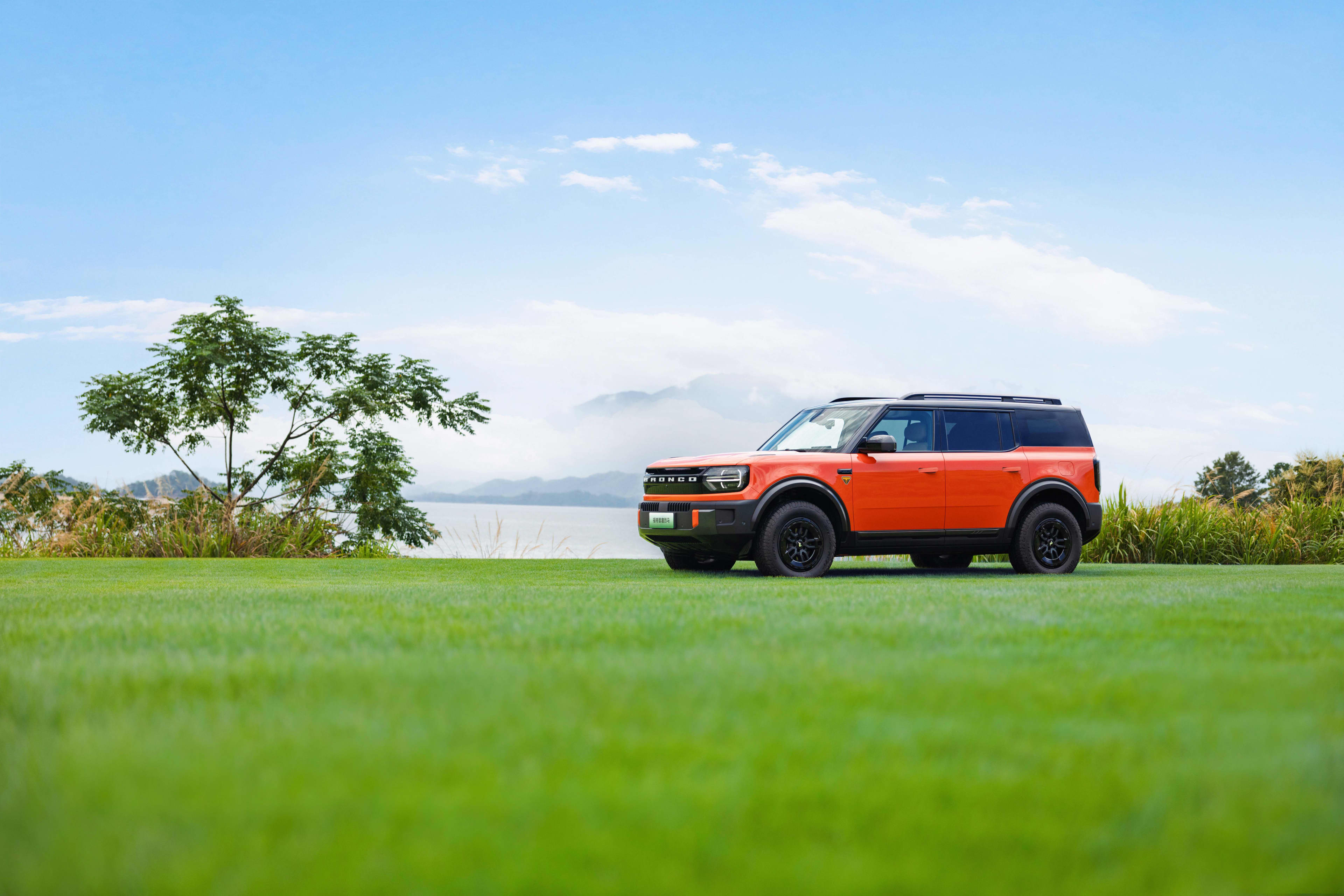A bright red Ford Bronco parked in a green field