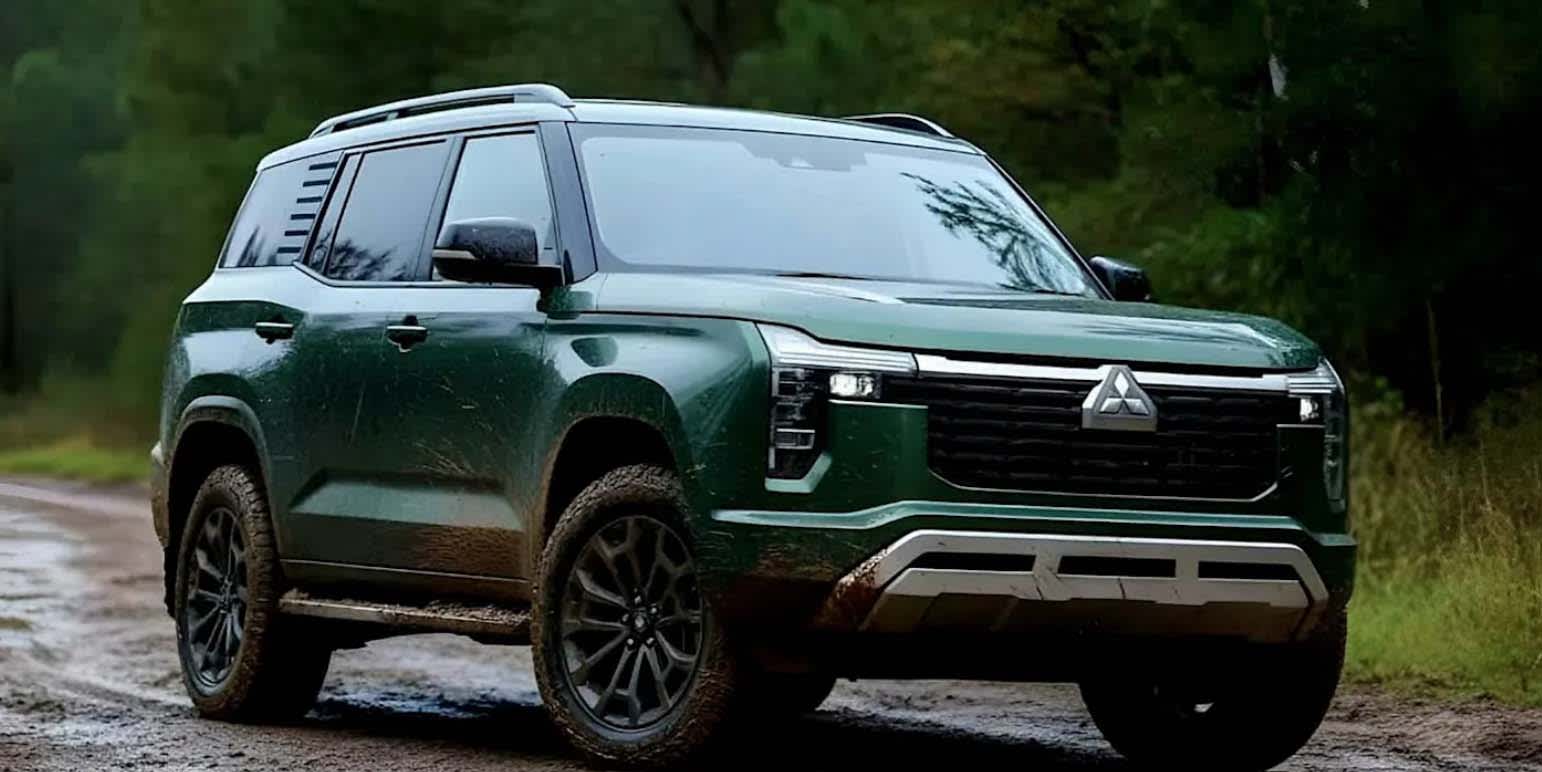 A green Mitsubishi Pajero driving on a wet country road