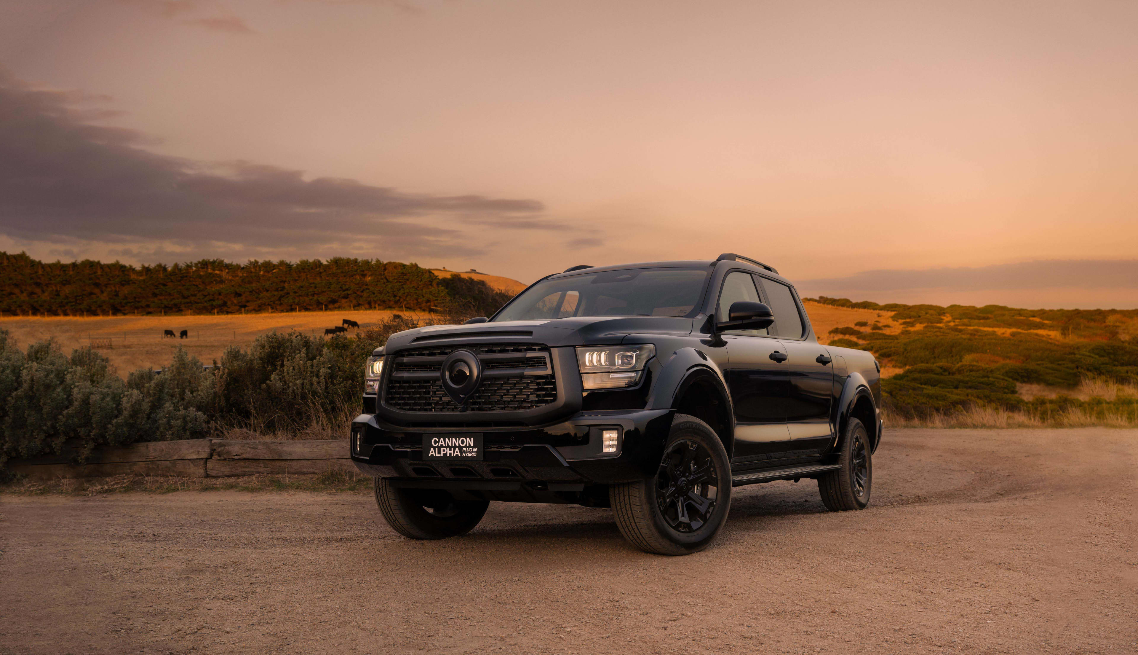 A black GWM Cannon Alpha PHEV parked in a country setting