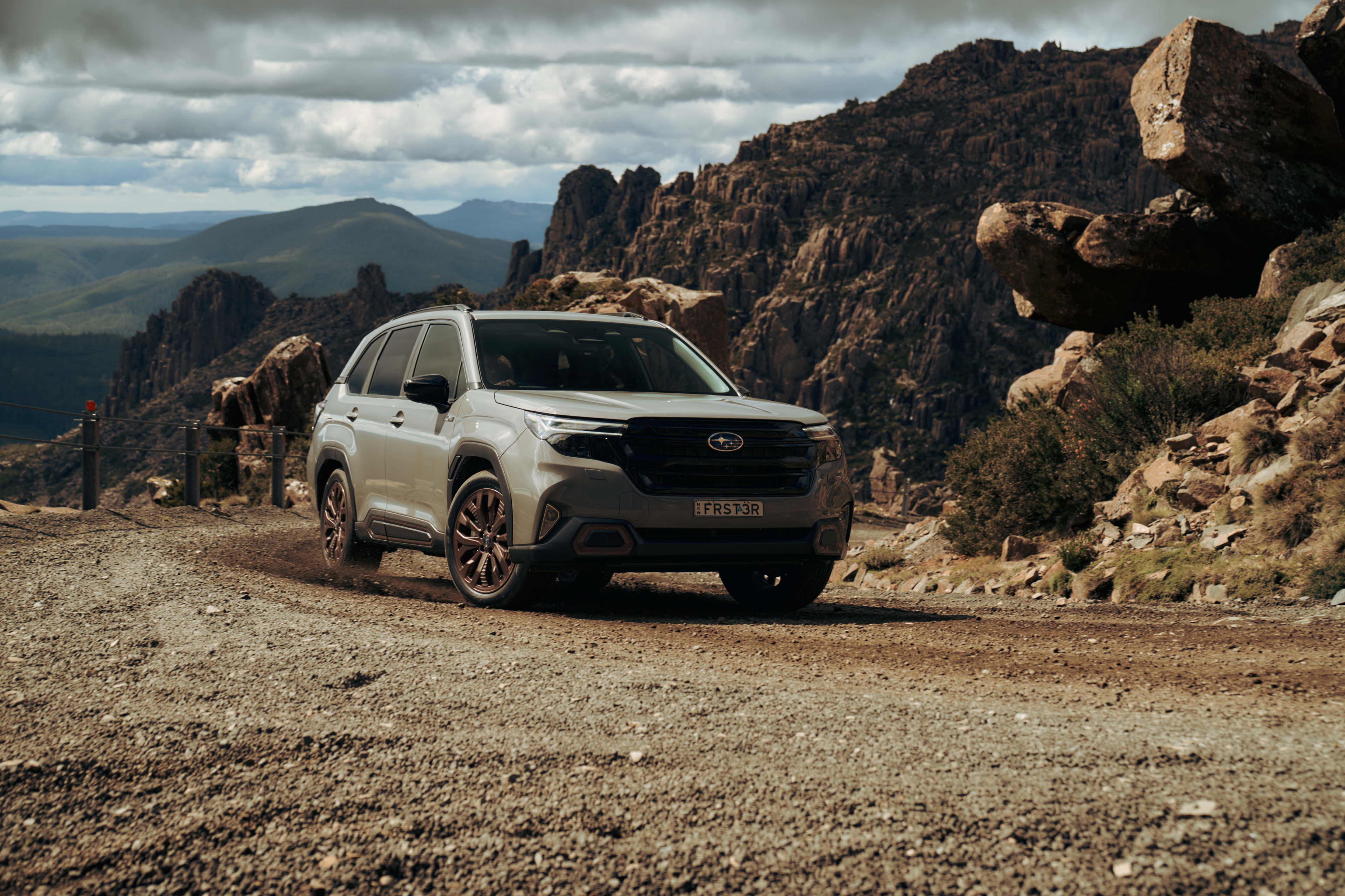 A white Subaru_Forester_Hybrid in a mountainous setting