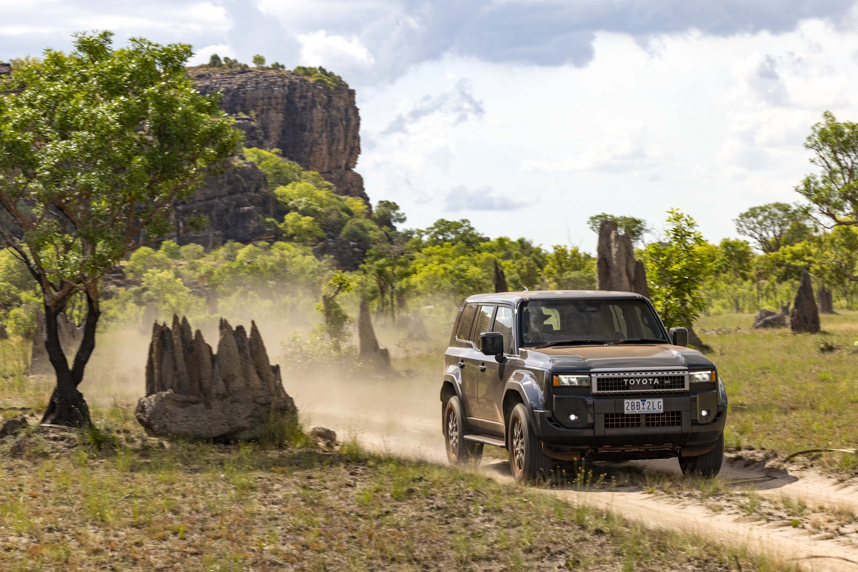 A black Toyota Prado driving in the bush