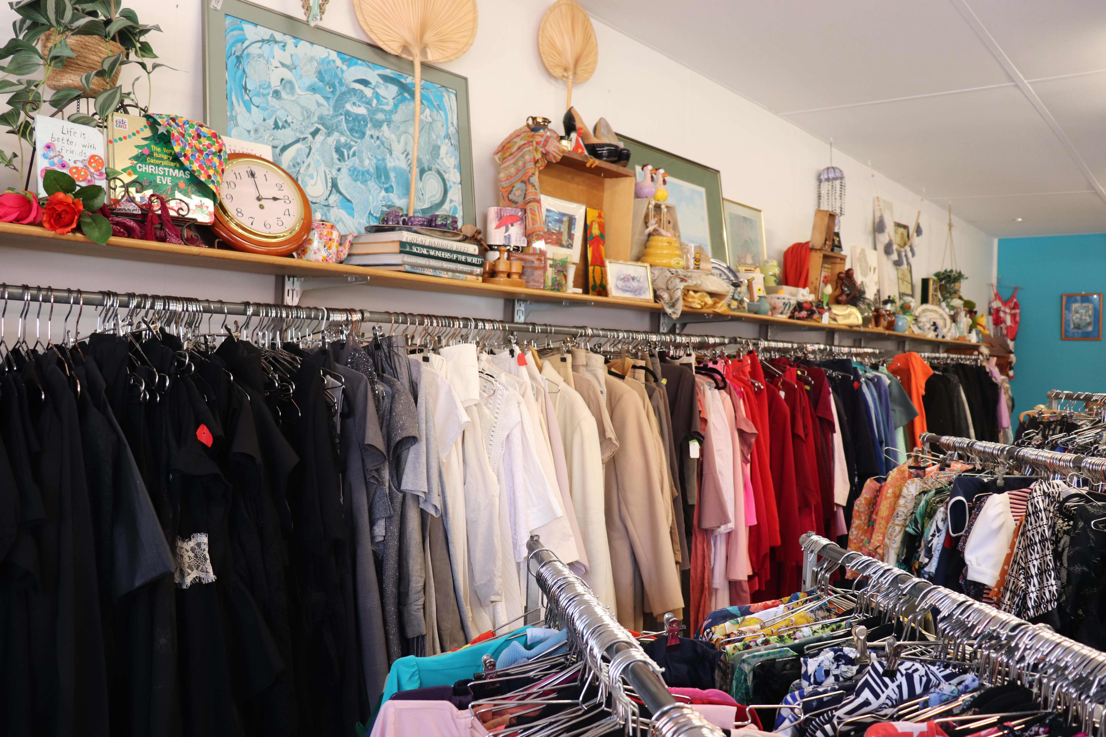 A clothes rack inside a Northam op shop