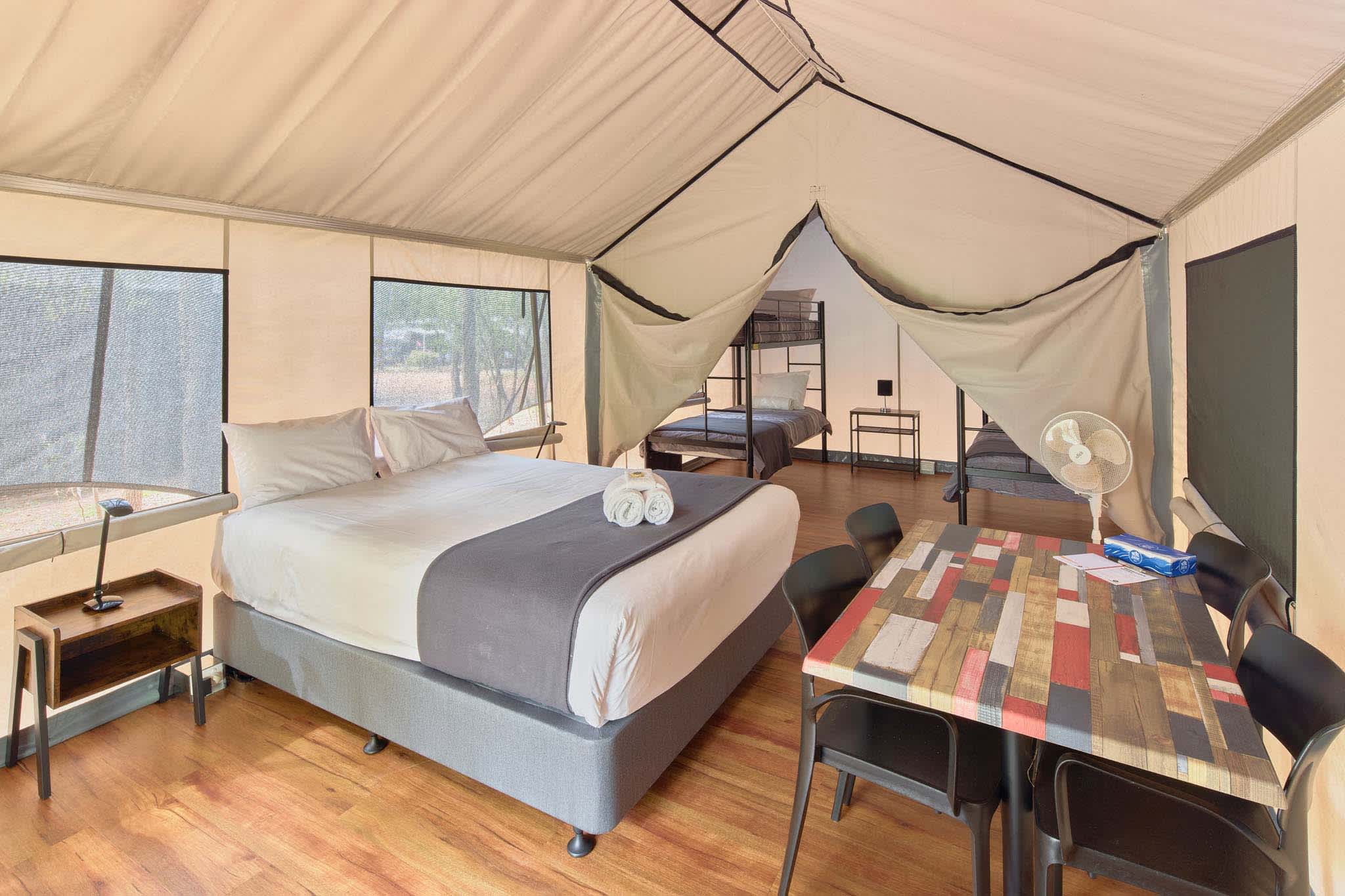 The interior of a glamping tent
