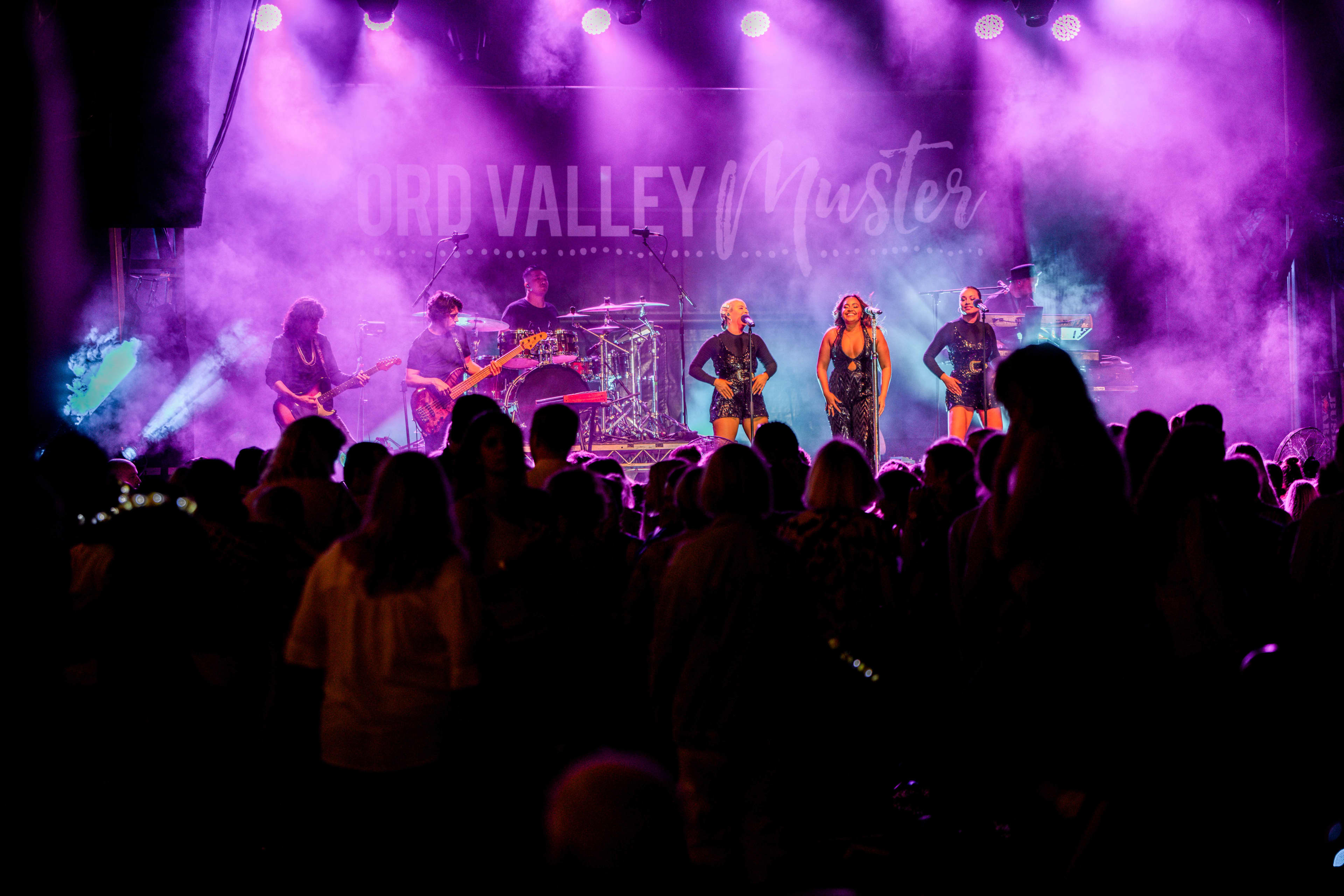 A purple lit stage with a band performing with a crowd standing in the shadows out front.