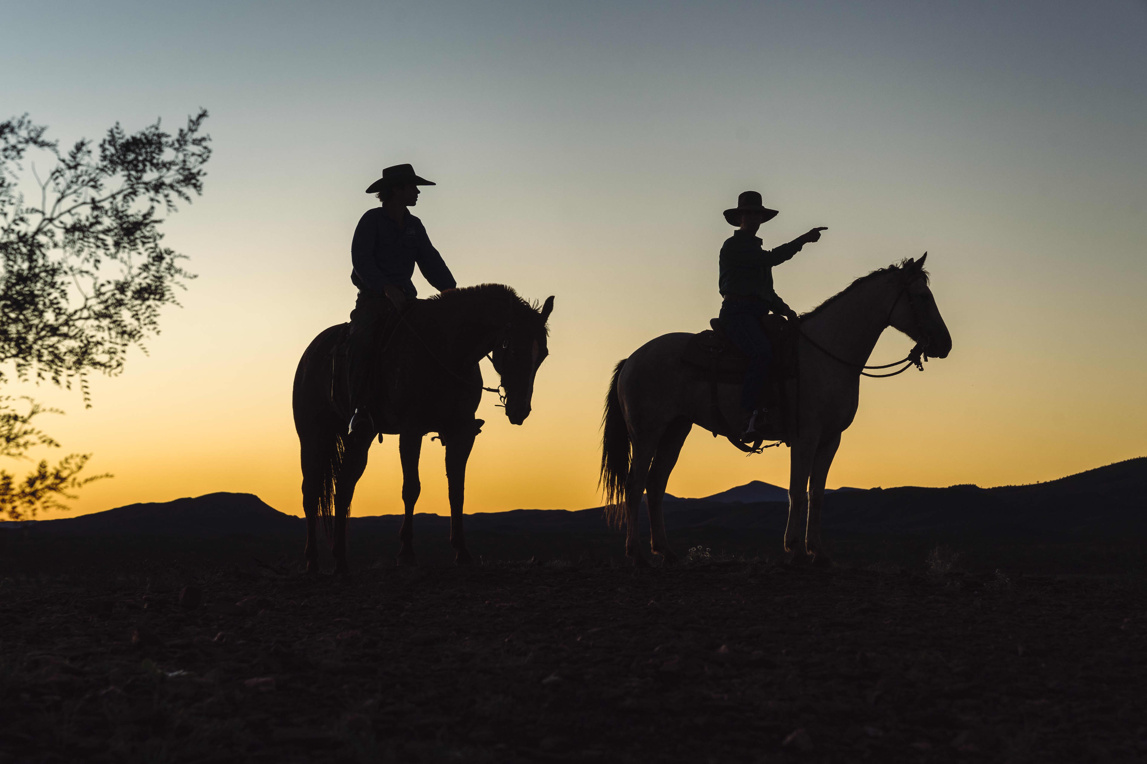 A silhouette of two riders on horses at sunset.