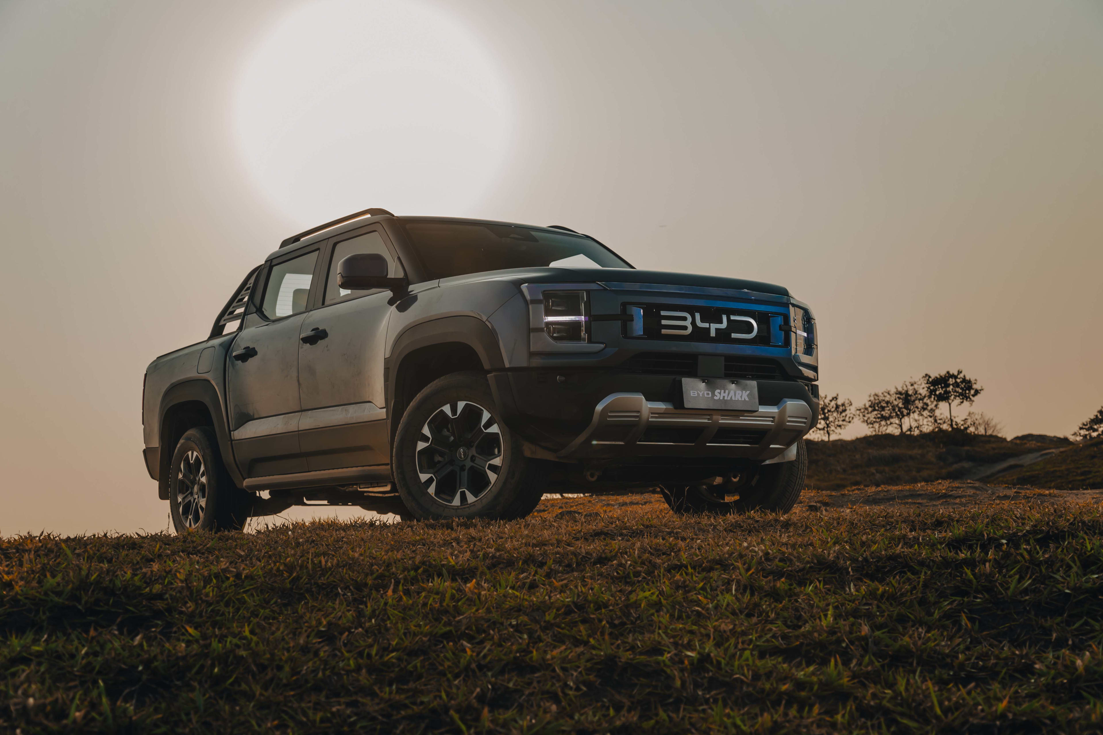 A dark grey BYD Shark parked on a rural hillside