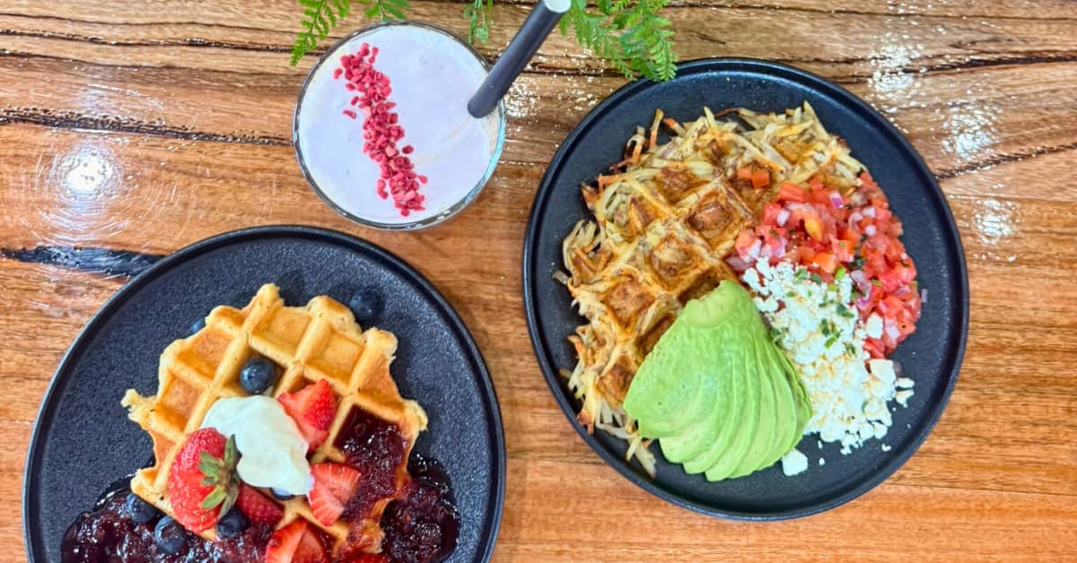 Two waffles and a coffee in the Wild Waffle Project cafe.