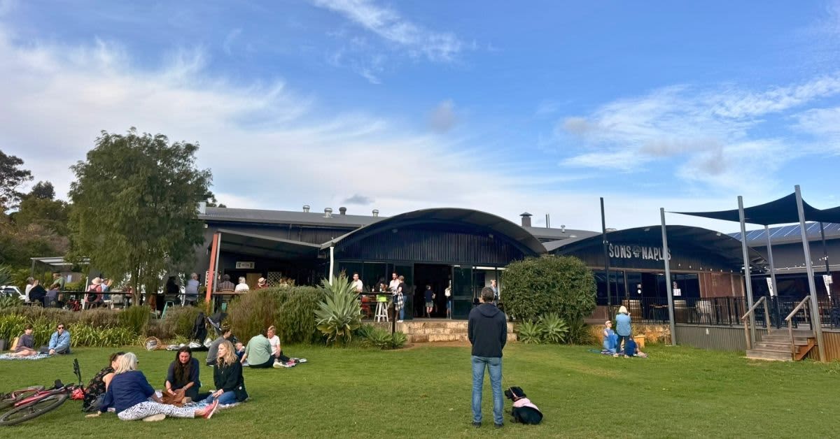 People mingling on grass with kids and dogs outside a black building with a verandah.
