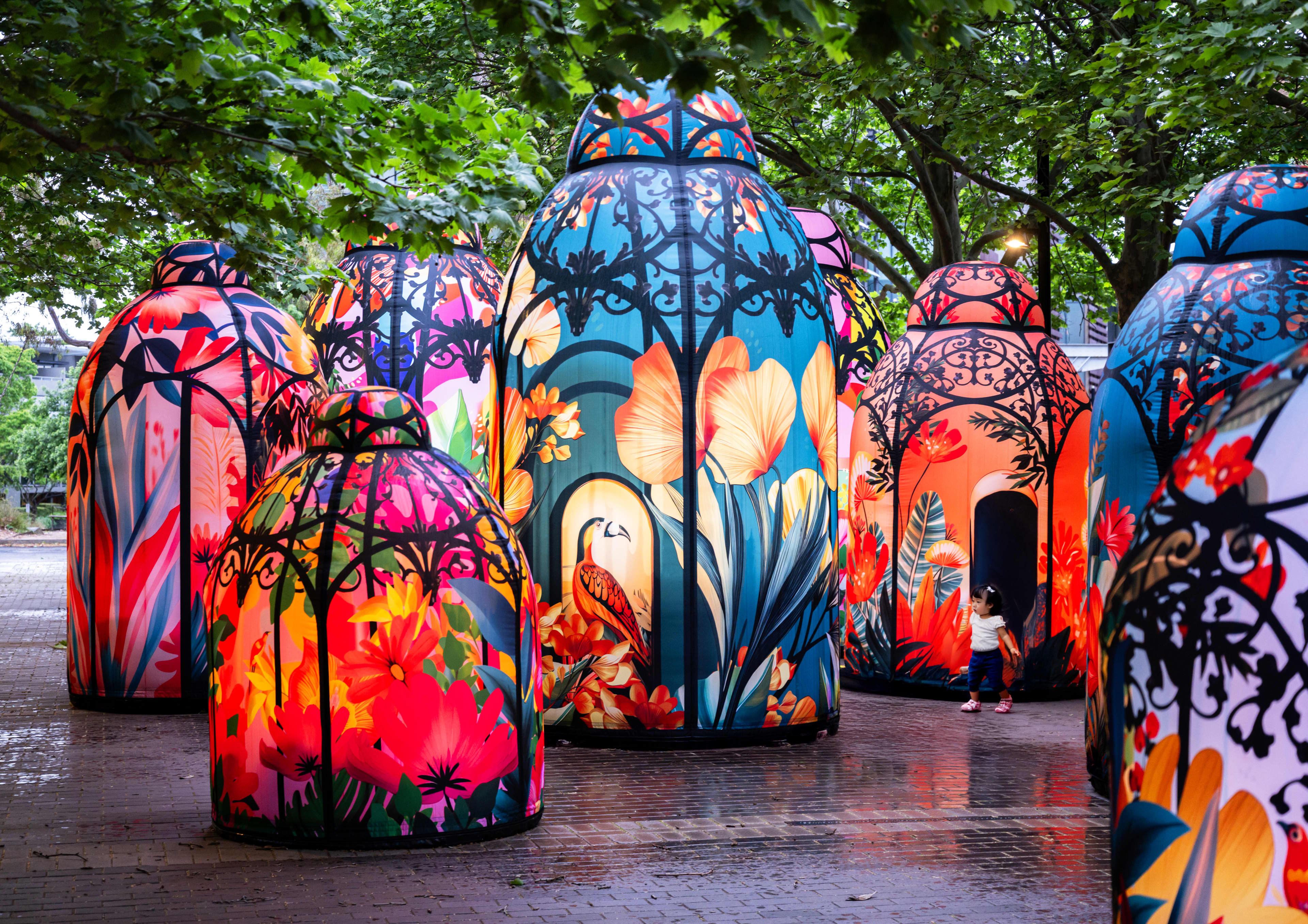 Leafy trees with illuminated colourful lanterns on the ground.