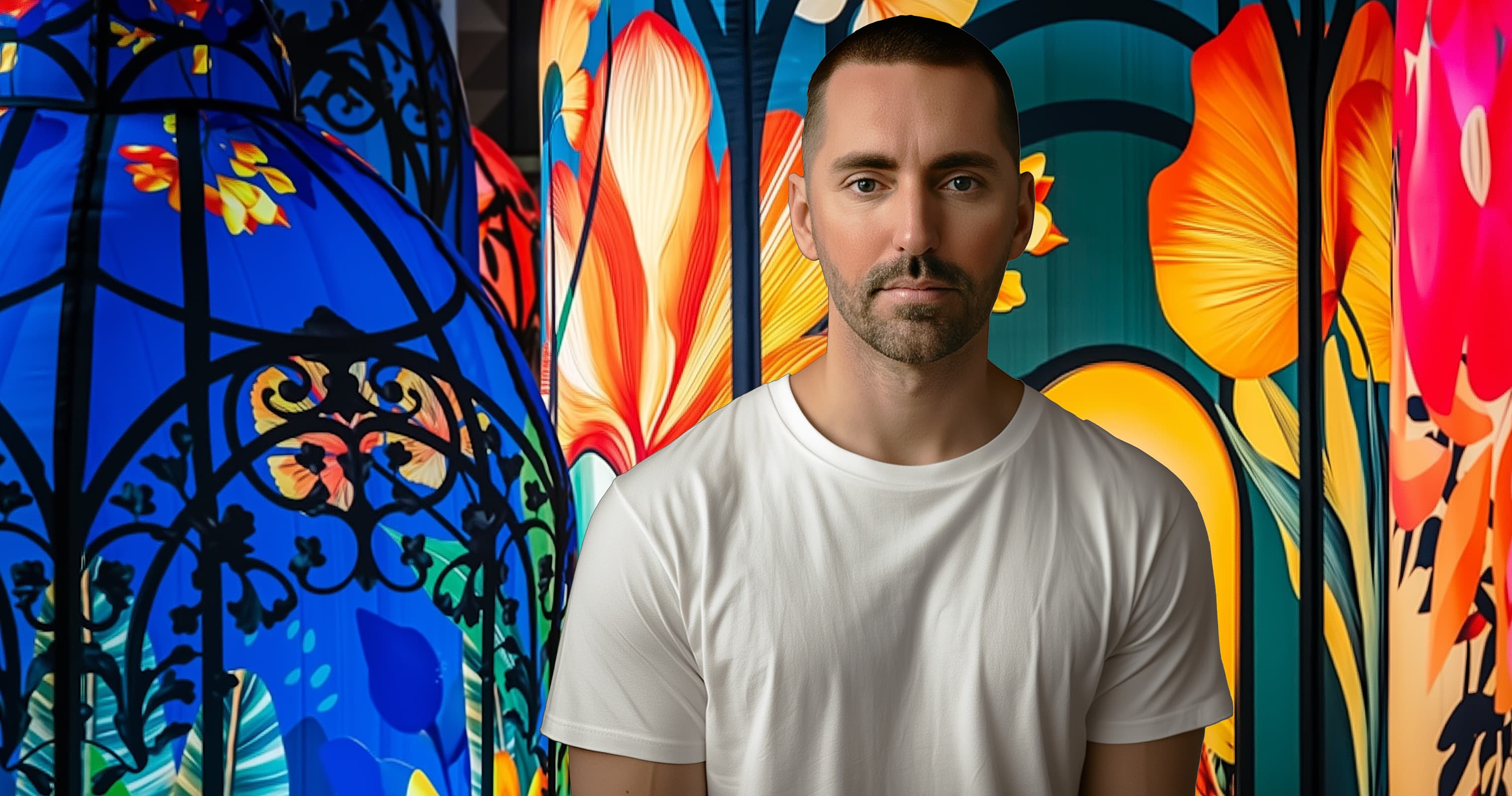 Artist Matthew Aberline standing in front of illuminated lights.