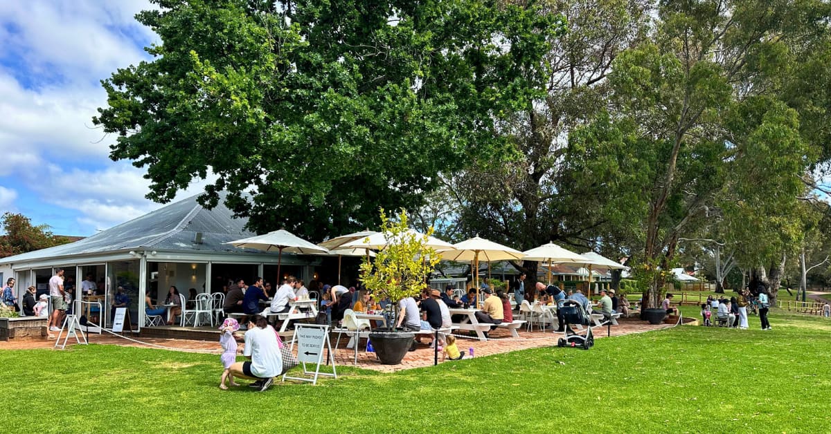 Cafe on green grass with families and people milling around