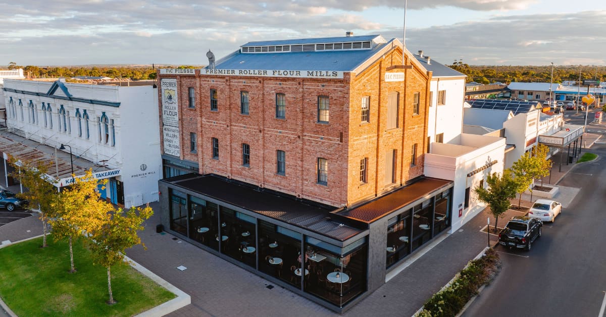 Aerial view of old Premier Mill with cafe in Katanning