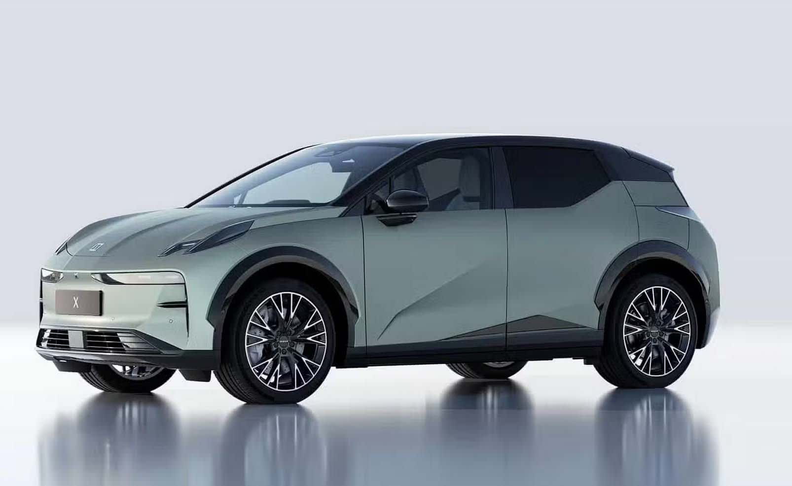 A teal Zeekr X in a studio setting