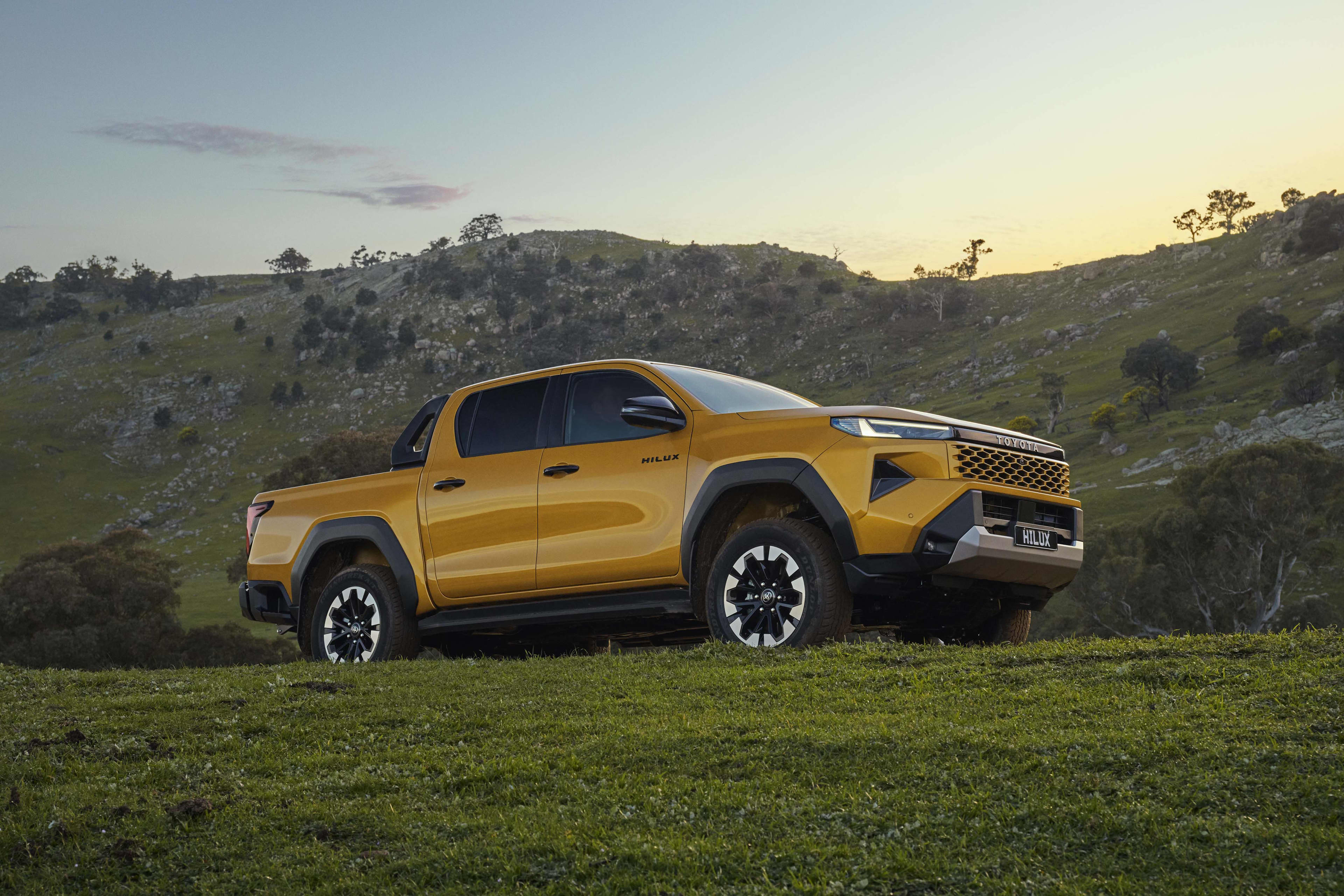 A bronze Hilux SR5 dual cab parked on a grassed hillside