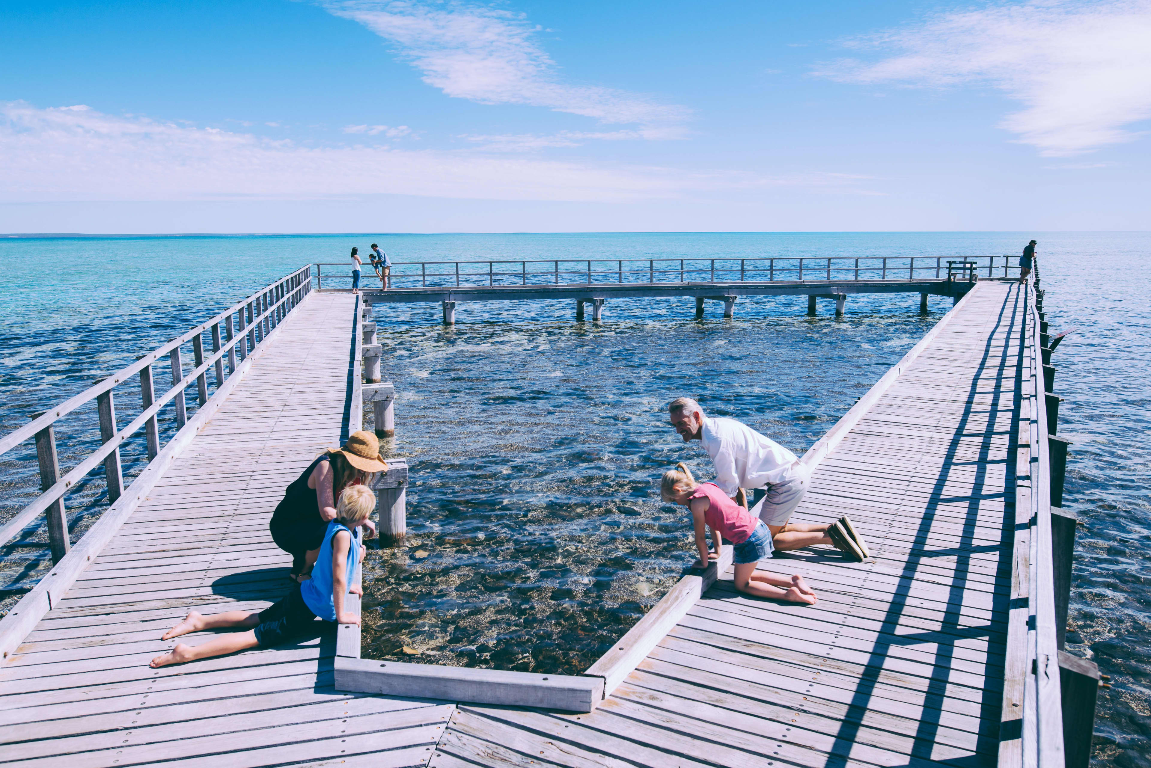 Aerial view of triangle-shaped boardwalk above ancient stromatolites