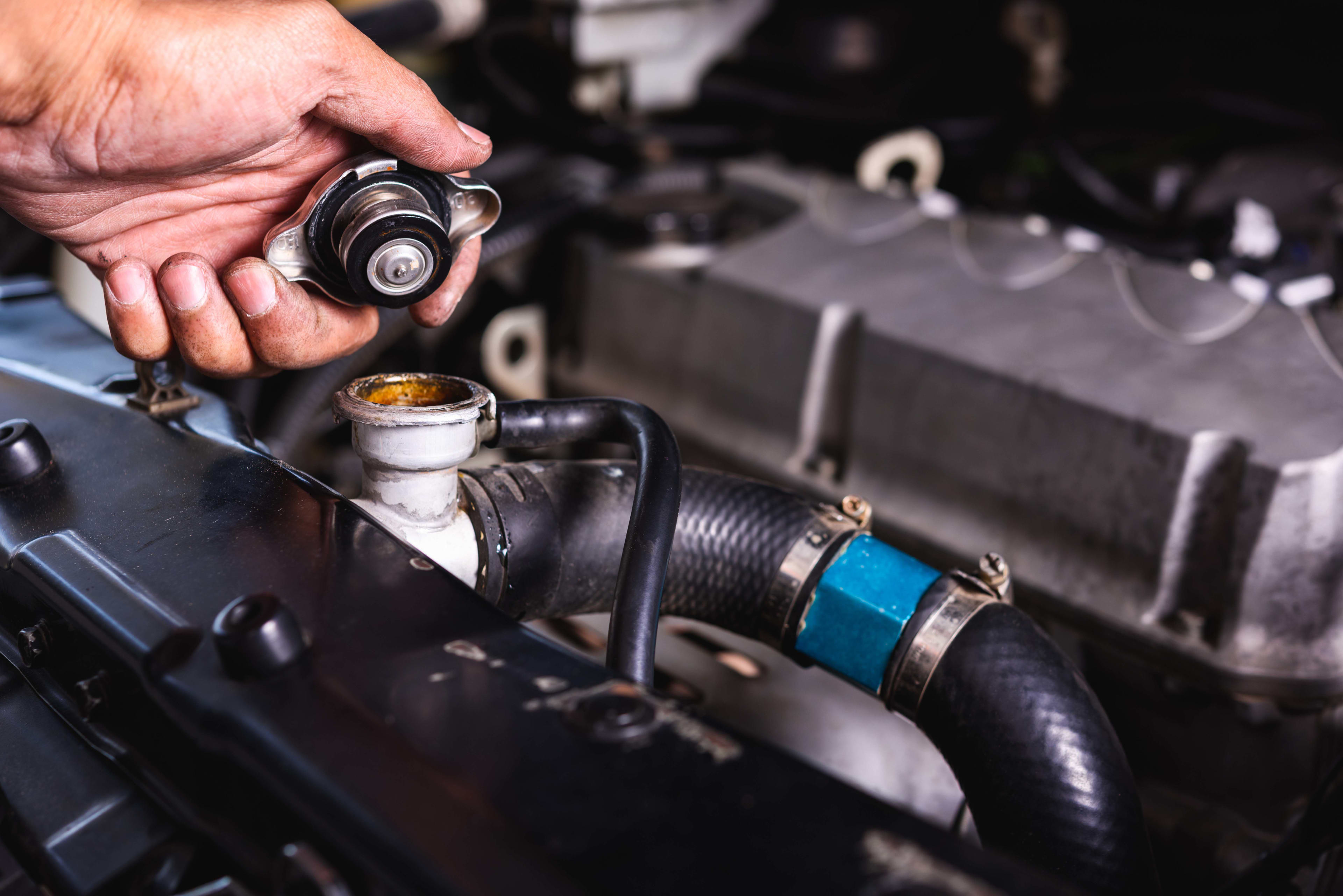 A person holds a car radiator cap in their hand
