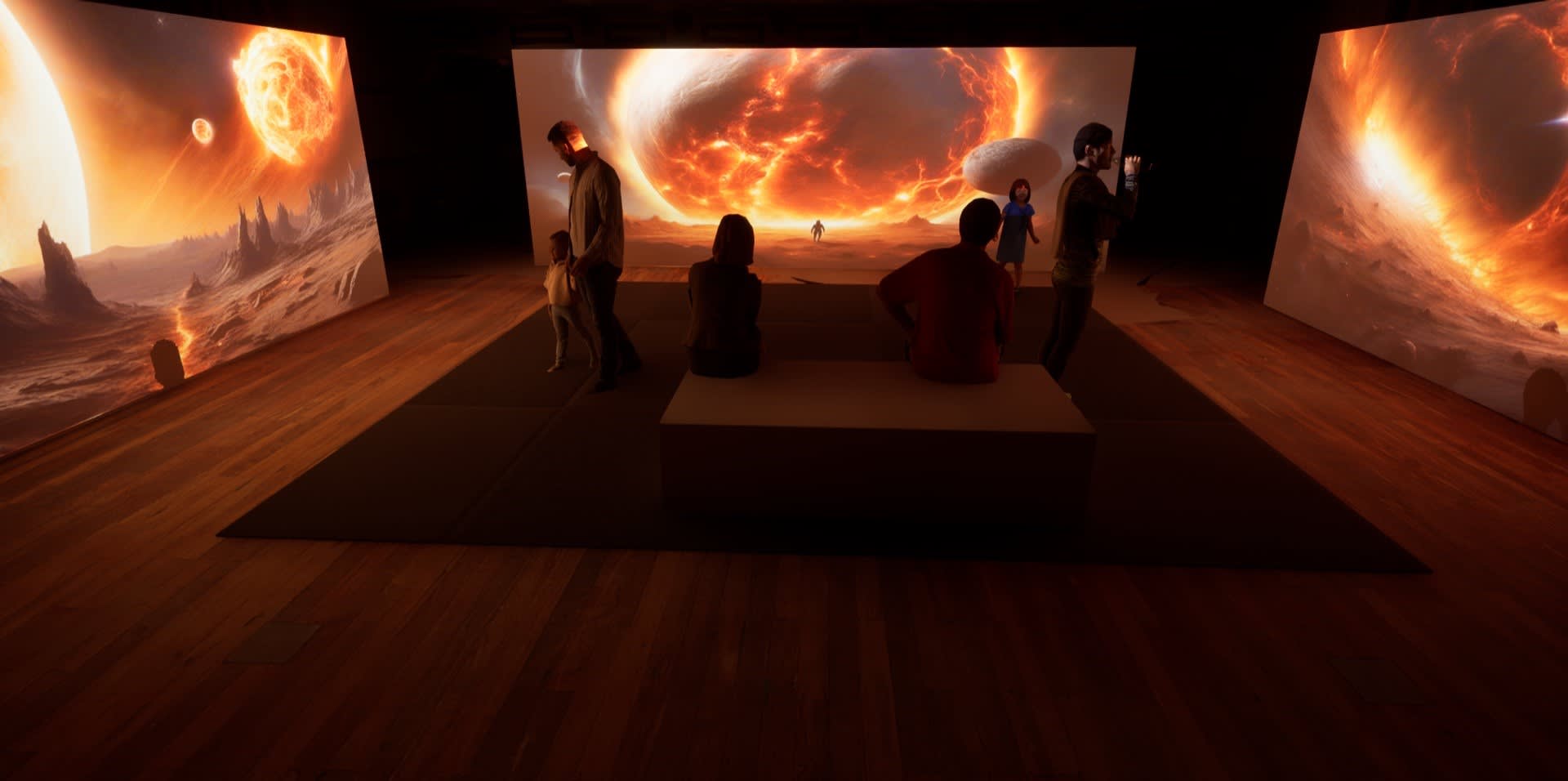 A visual display featuring video of fire in an exhibition