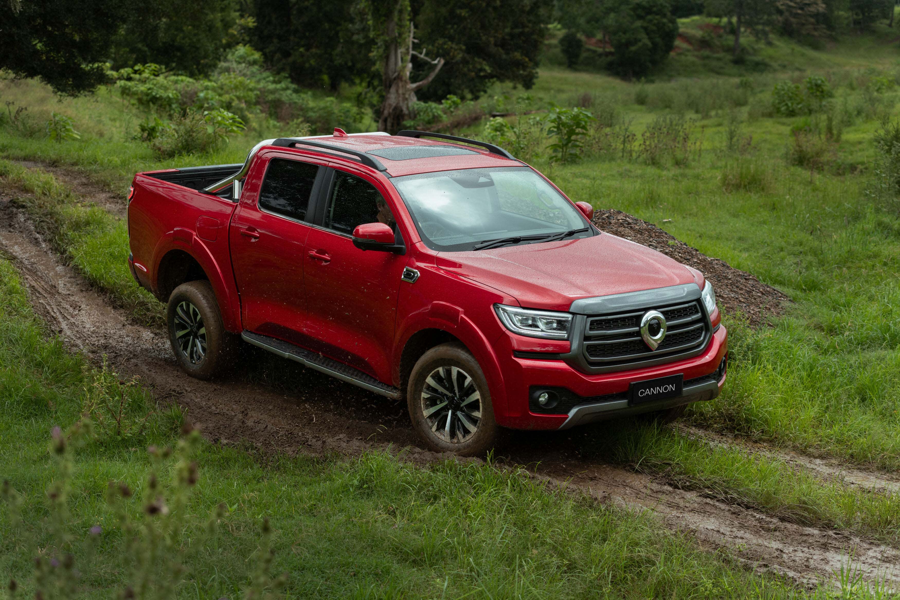 A red GWM Cannon P300 PHEV PHEV ute on a grassy hillside