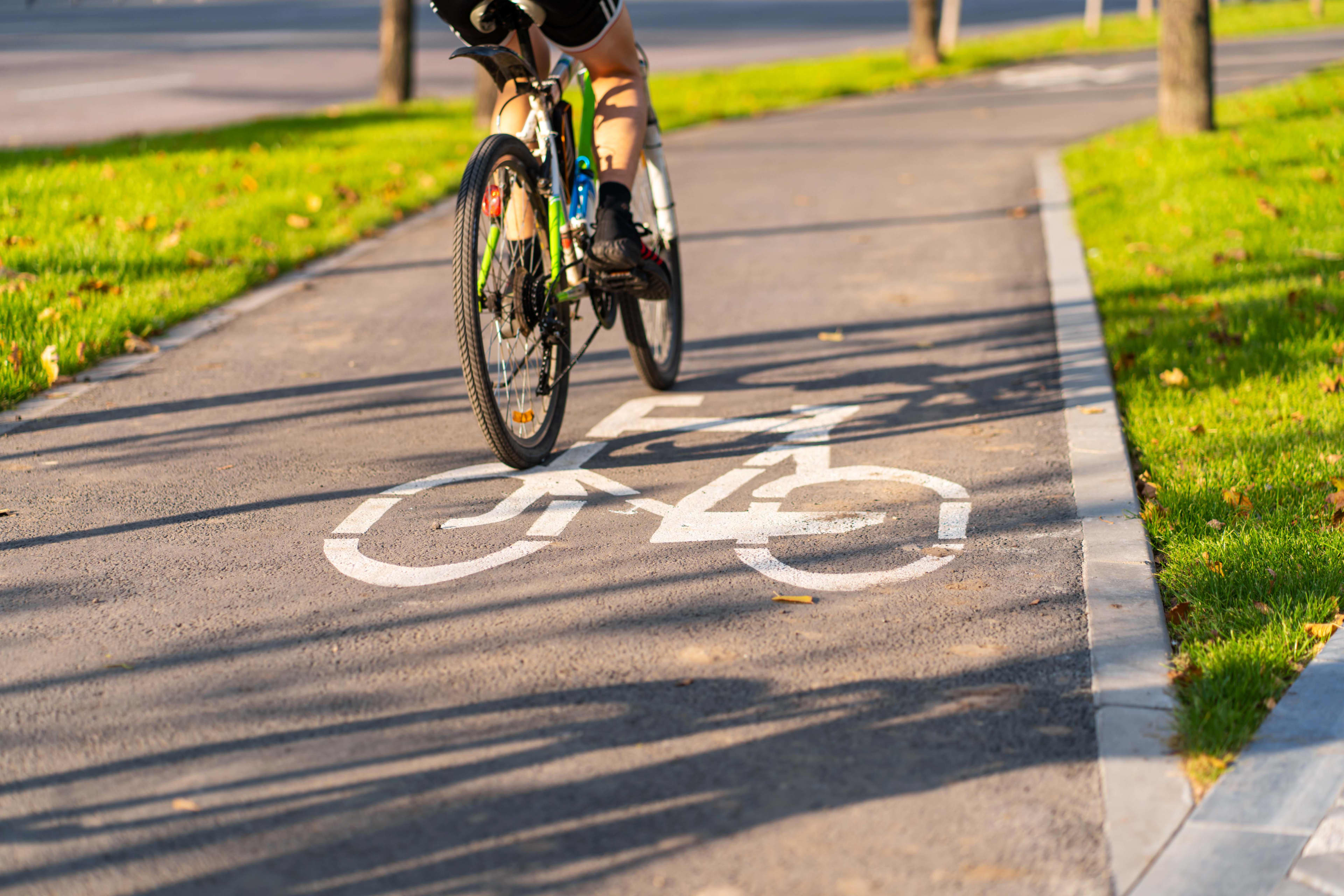 A cyclist on a bike path in a park