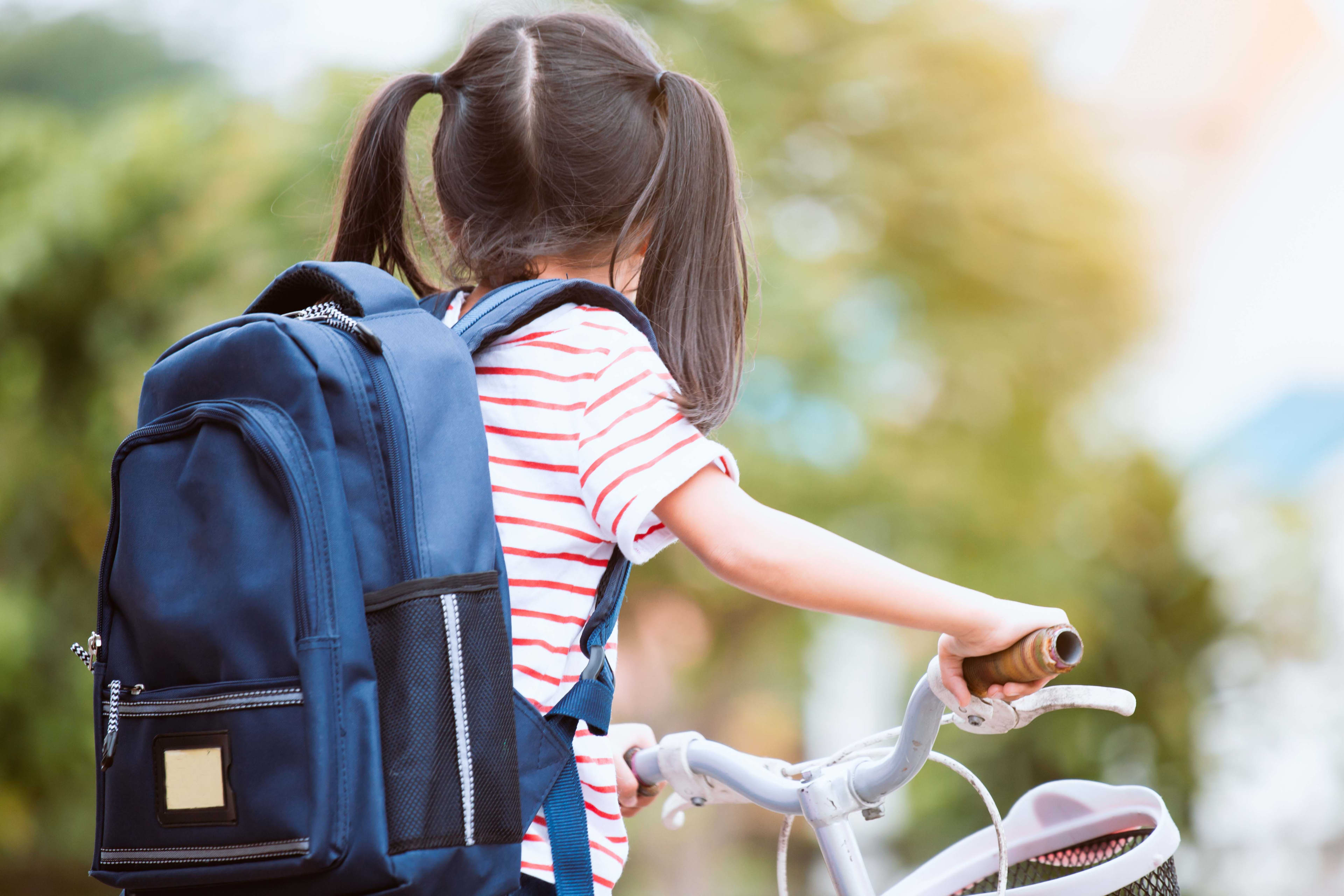 A young child is pushing a bicycle