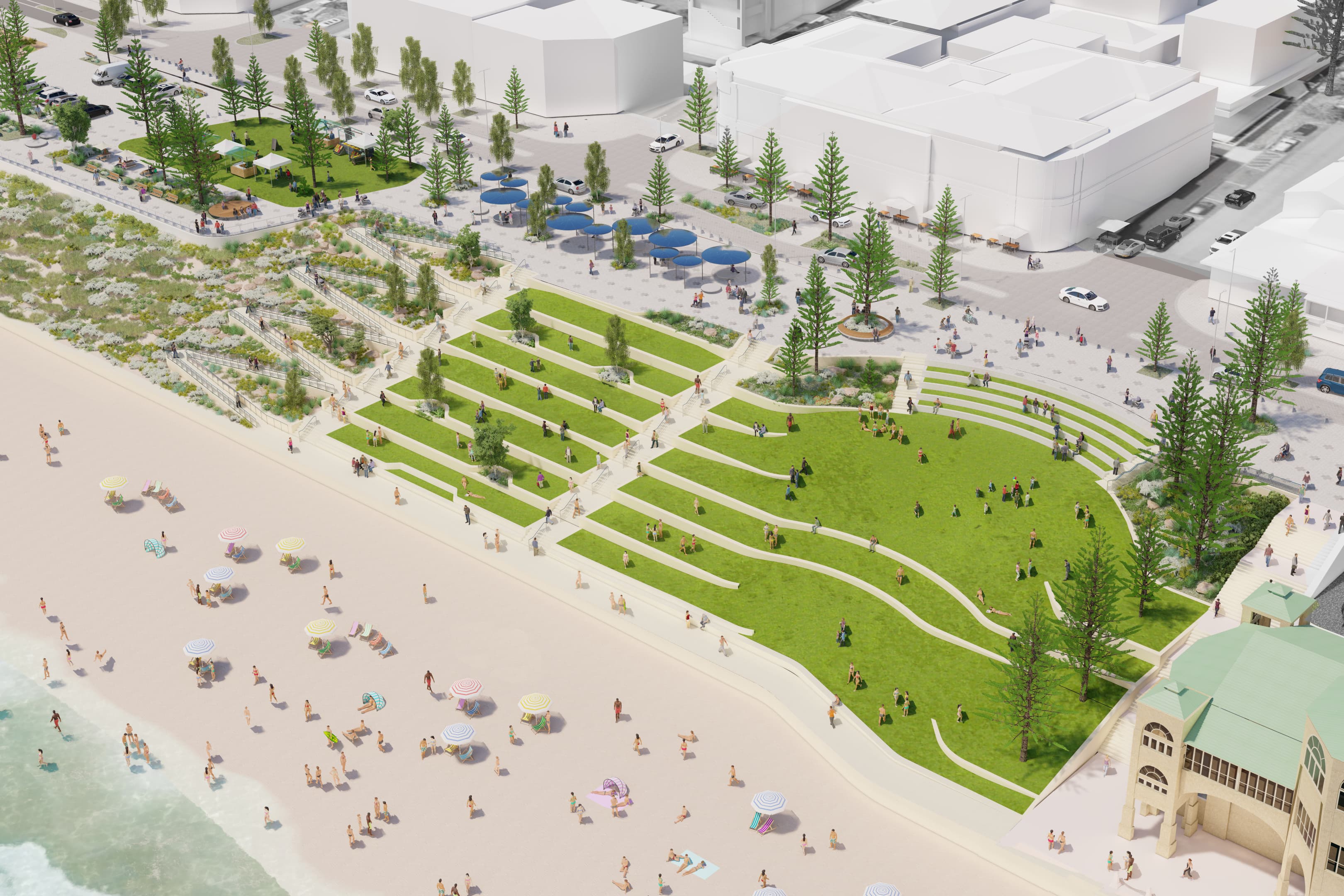 Render drawing of Indiana tearooms in Cottesloe and green space and pedestrian plaza