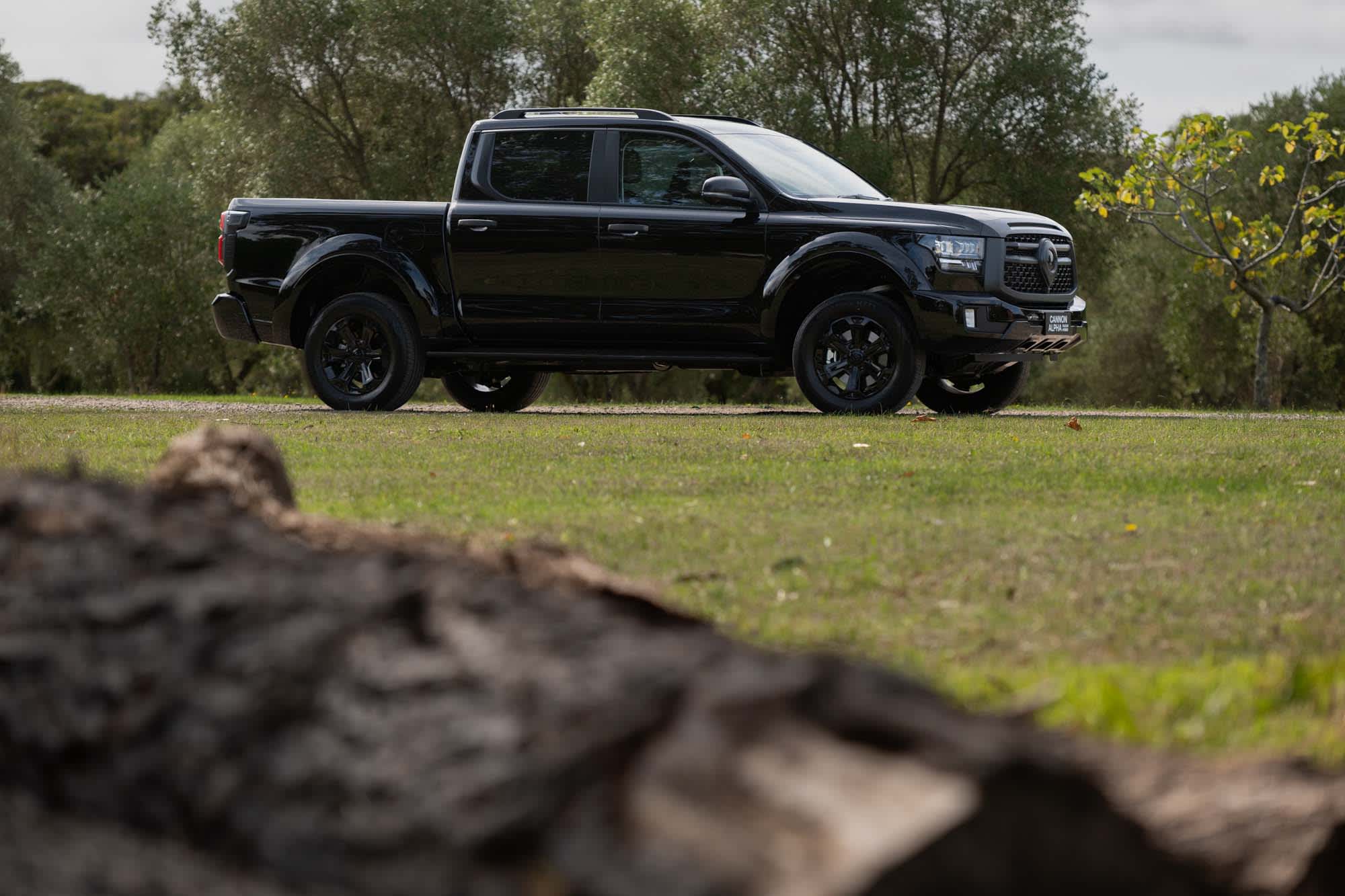 A black GWM Cannon Alpha PHEV ute parked on grass in a rural setting