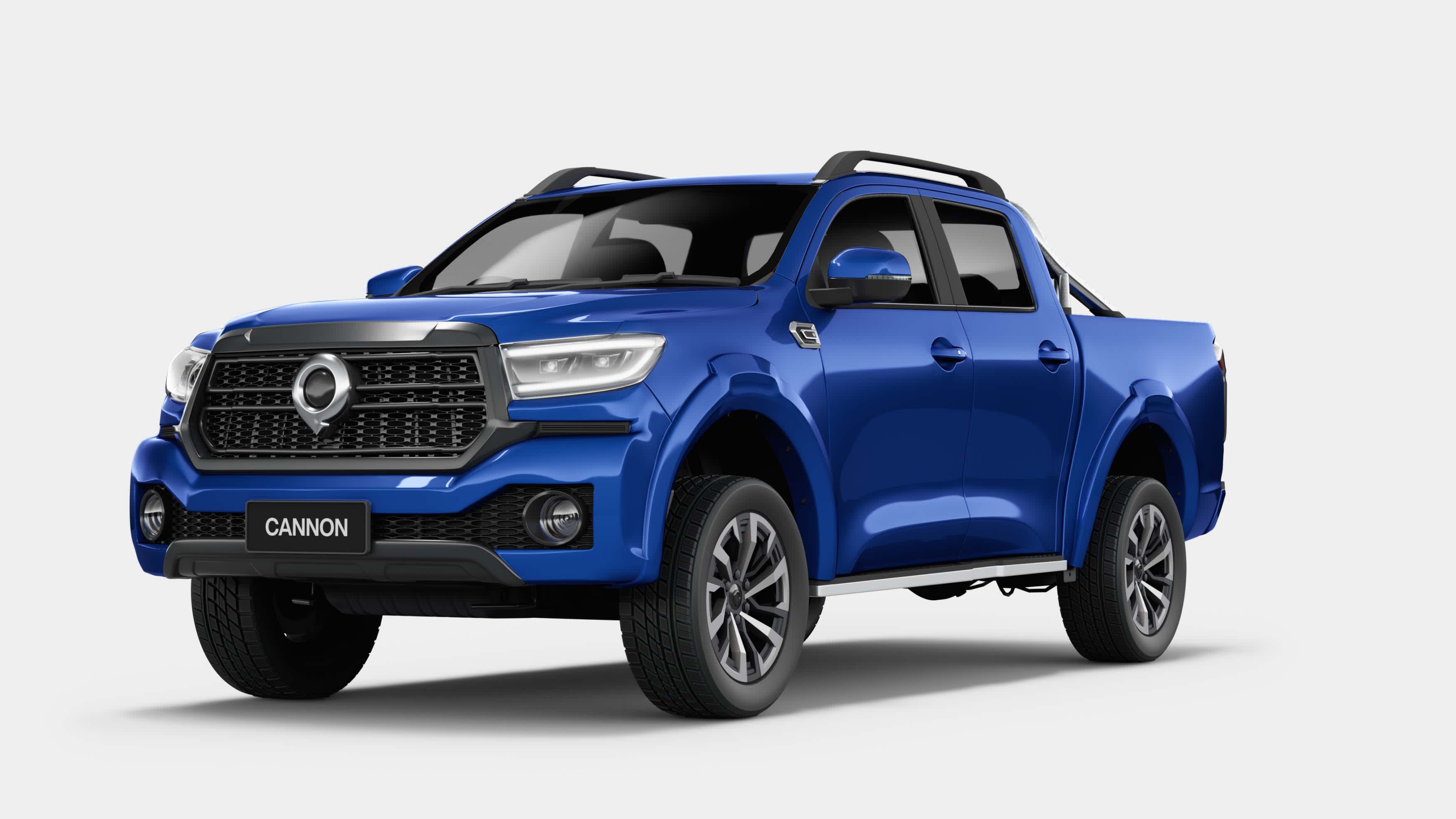 A blue GWM Cannon PHEV in a white studio setting