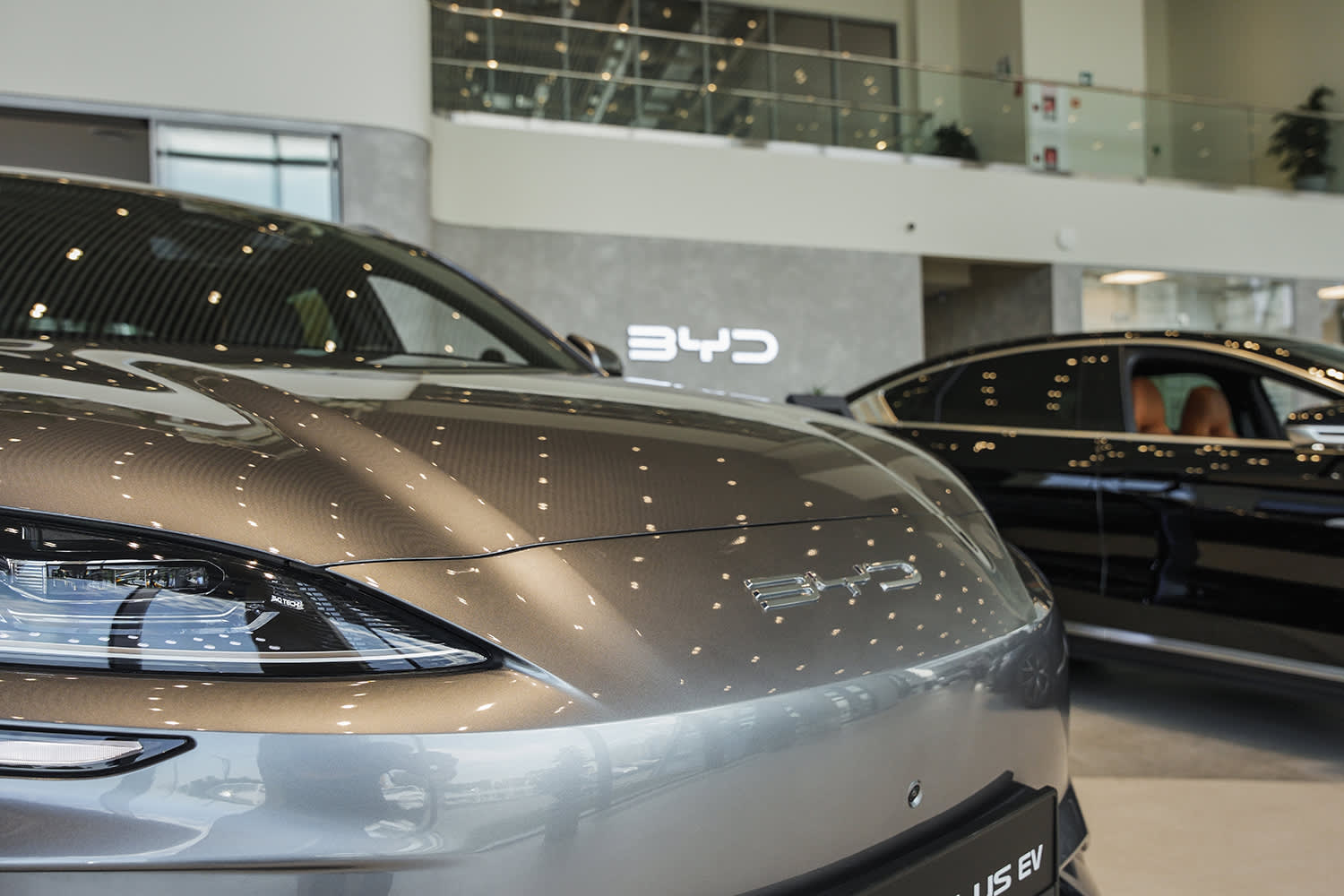 A close up of a BYD EV in a dealership