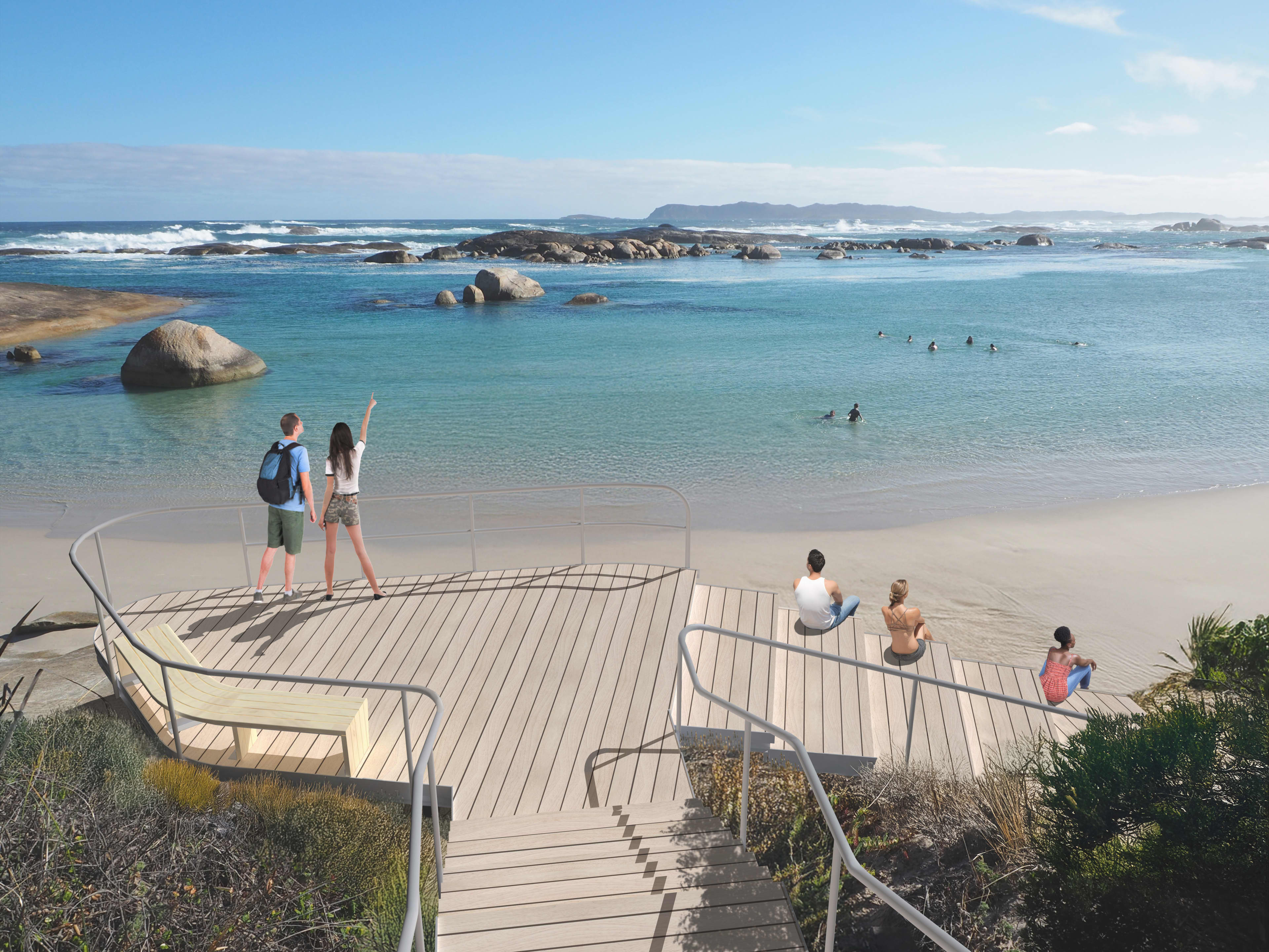 Visual of a viewing platform overlooking beach with people standing on it.