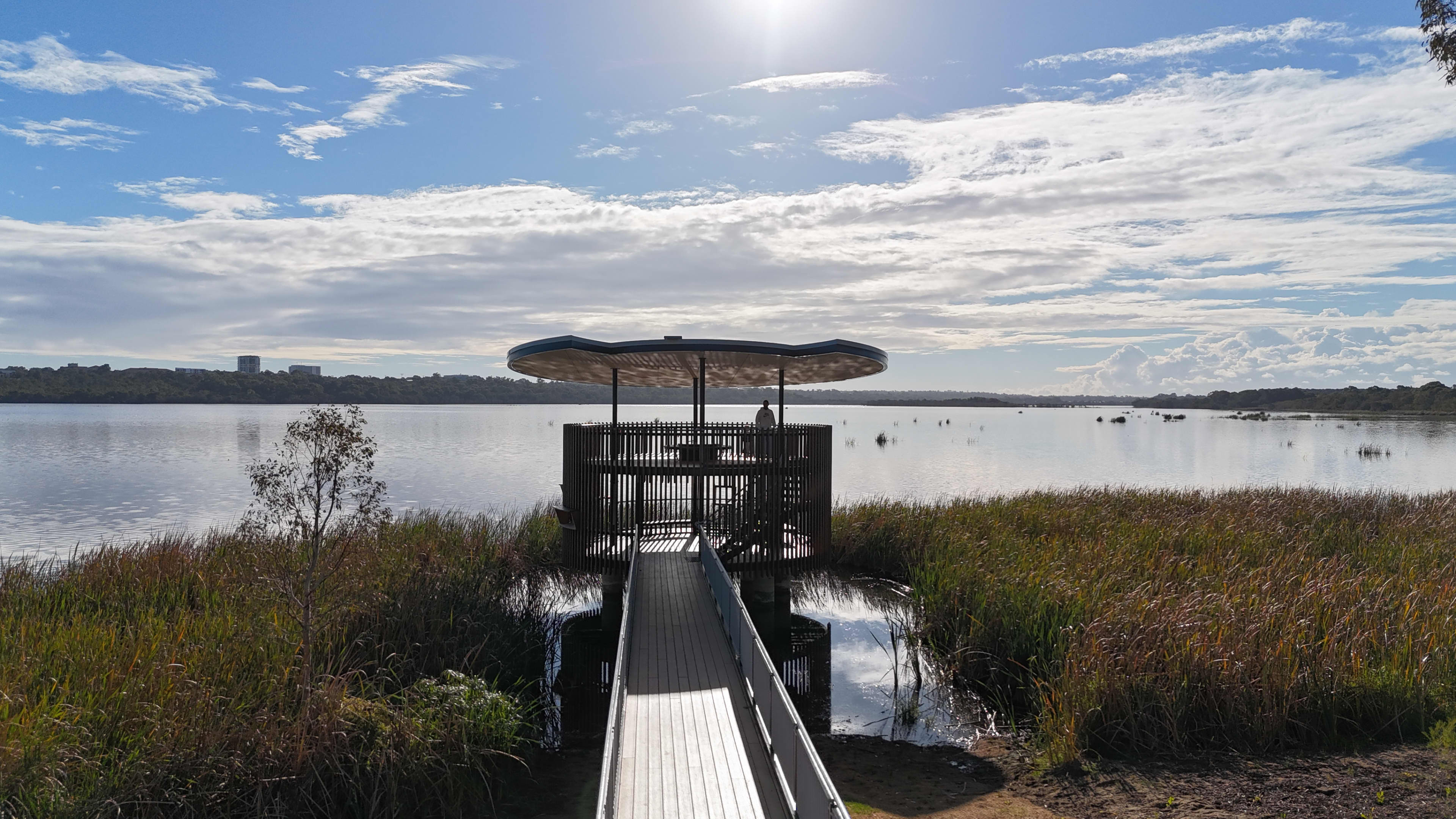 Person standing on second level of a tower overlooking lake with reeds either side.