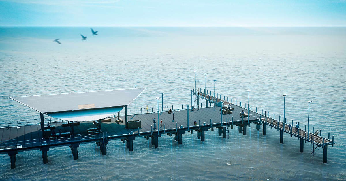Blue waters with artist impression of long jetty with T Head.