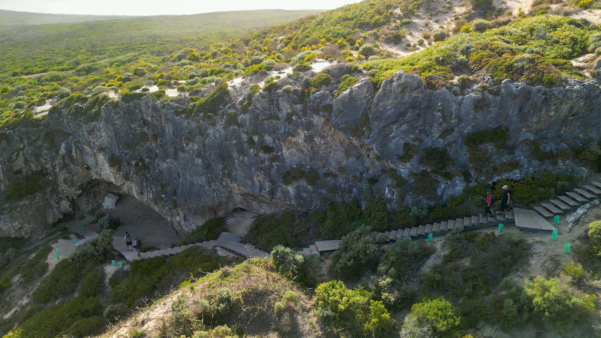 Staircase next to cliffs surrounded by bushland and people hiking