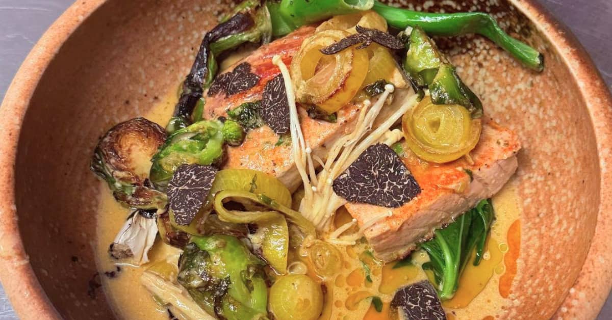Dish in bowl with pasta and salmon