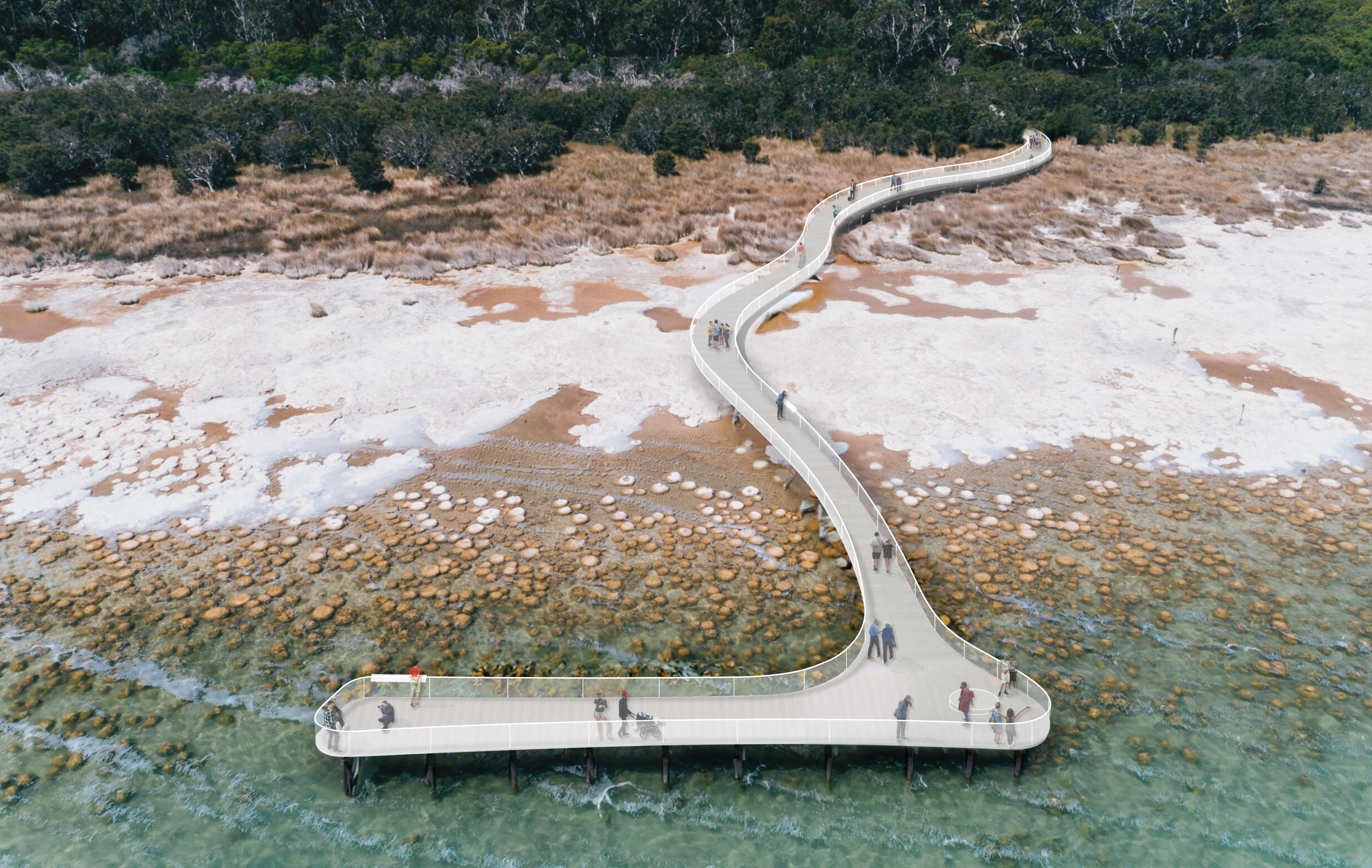 An aerial, top-down view of a modern, winding white boardwalk that stretches from a dense green forest, across a dry, textured beige shoreline, and out over clear turquoise water. Beneath the surface of the shallow water, numerous rounded, rock-like structures known as thrombolites are visible. Several people can be seen walking along the curved pathway and gathering at the wide viewing platform at the end.