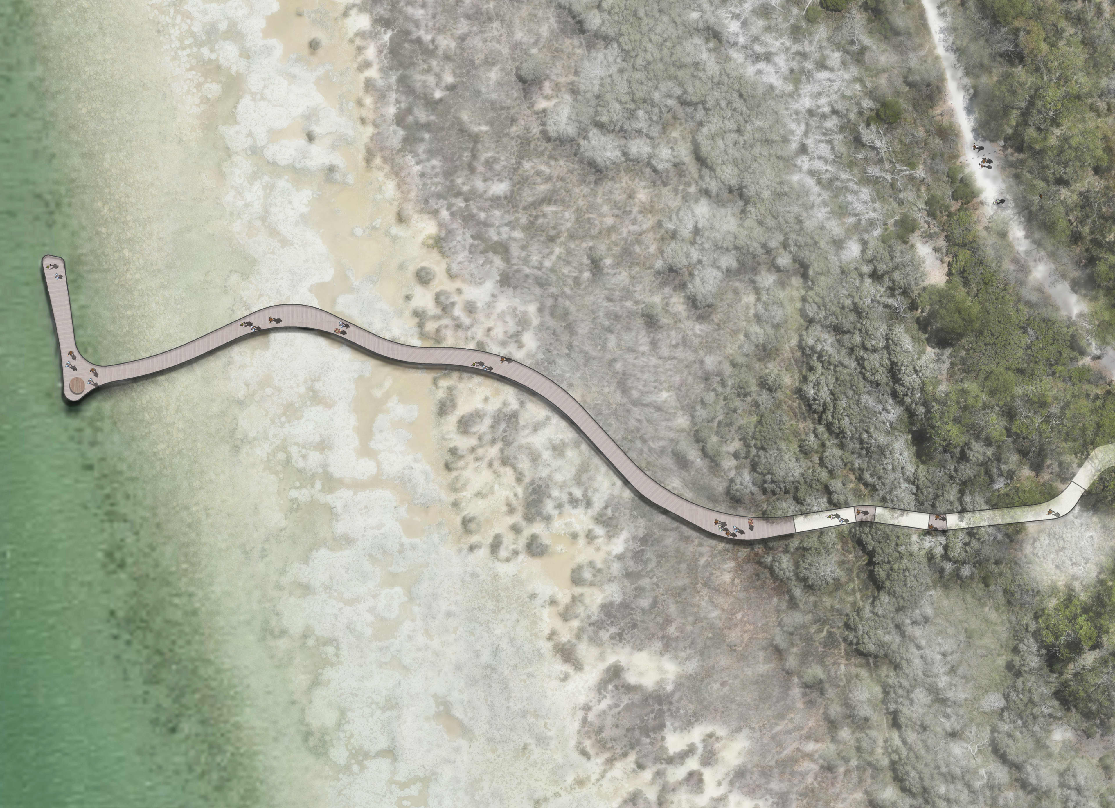 An architectural site plan showing a top-down aerial illustration of a curved wooden boardwalk path. The boardwalk winds from a green, wooded area on the right, across a textured, sandy marsh landscape, and extends over a body of light green water on the left, ending in an L-shaped viewing platform. Small, stylized silhouettes of people are scattered along the walkway to indicate scale.