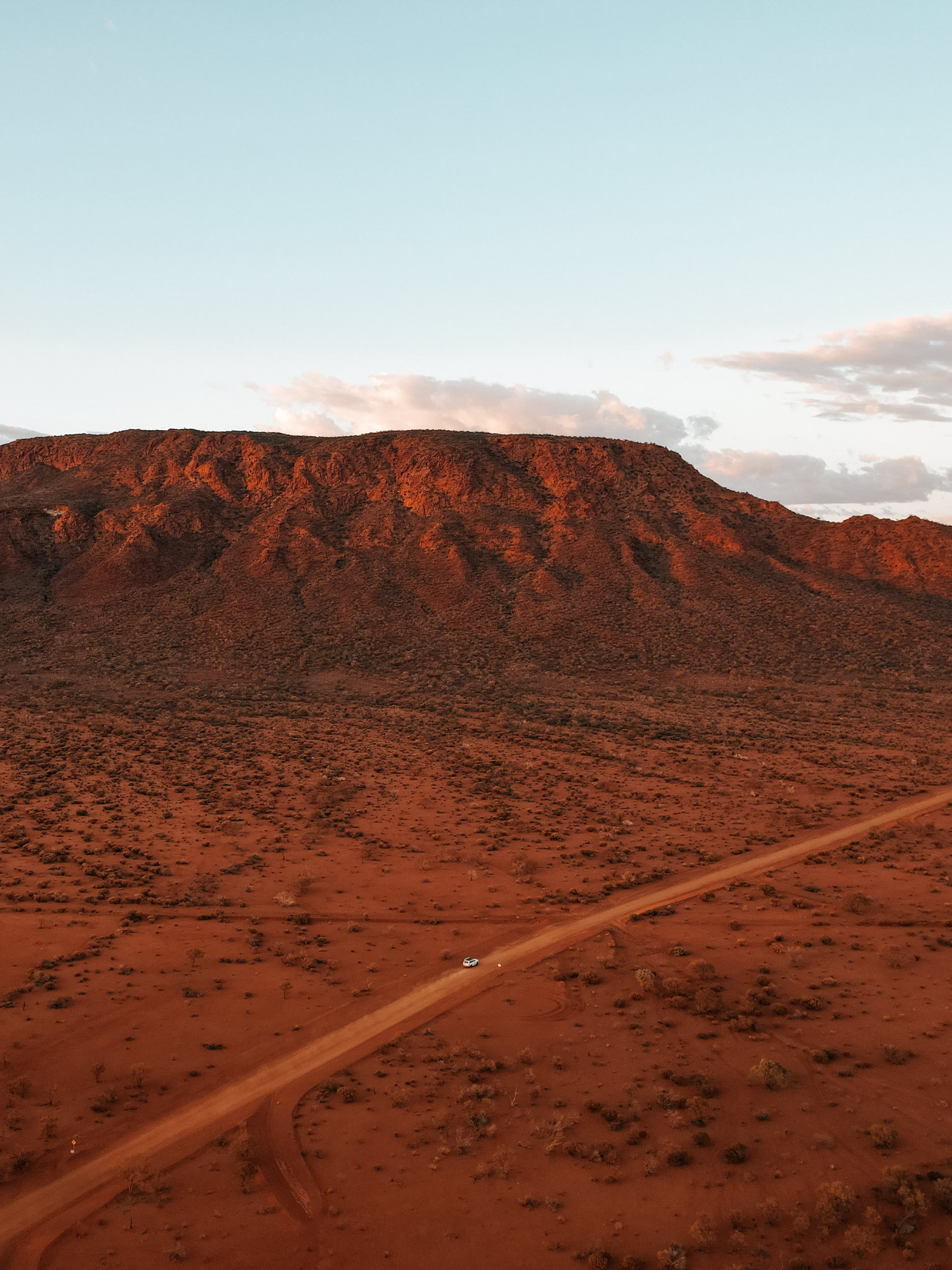 An aerial image showing the red dirt and remote road near Mt Augustus in the national park.