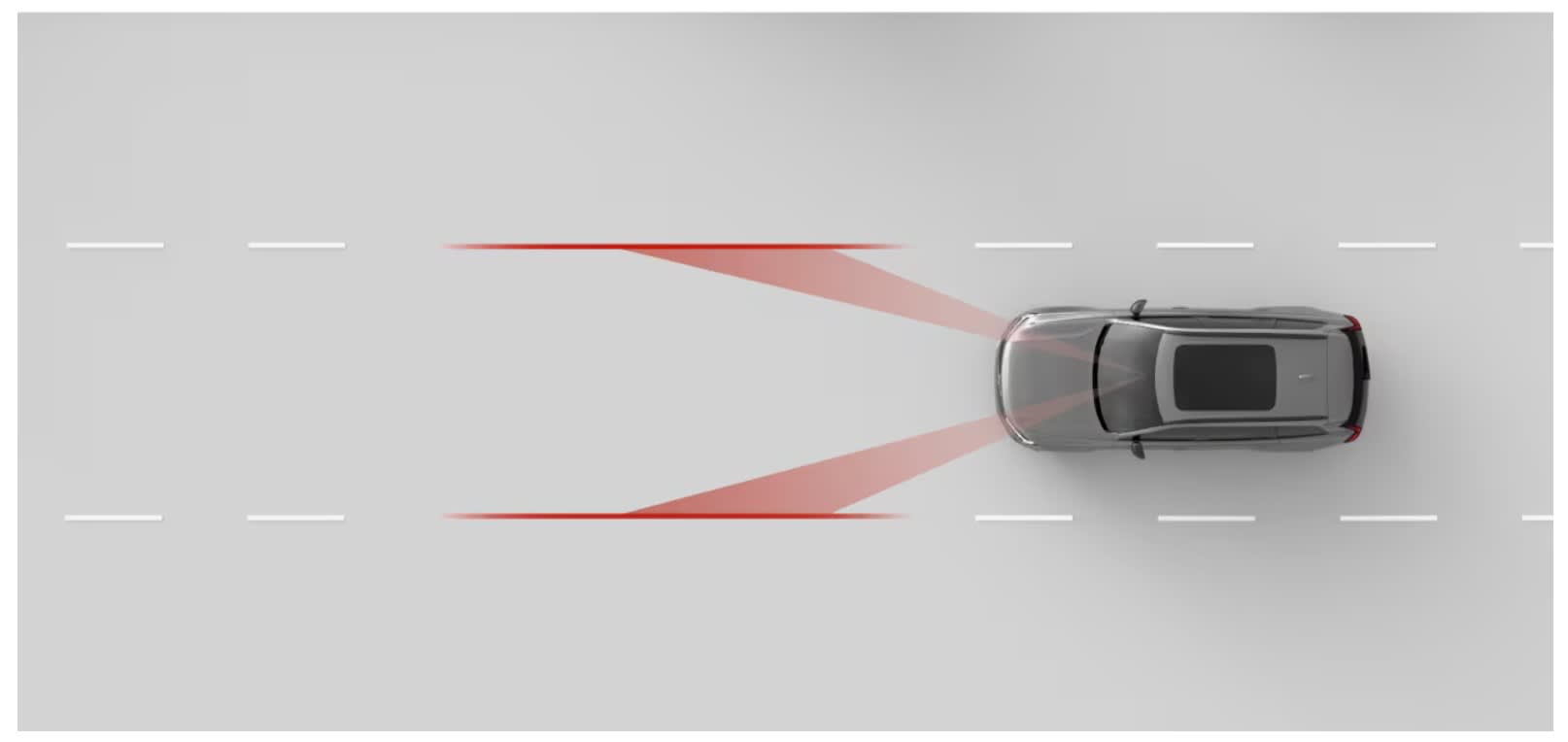 A graphic showing a car in a road lane indicated by dotted lines, with red lines to show how lane keeping technology works.