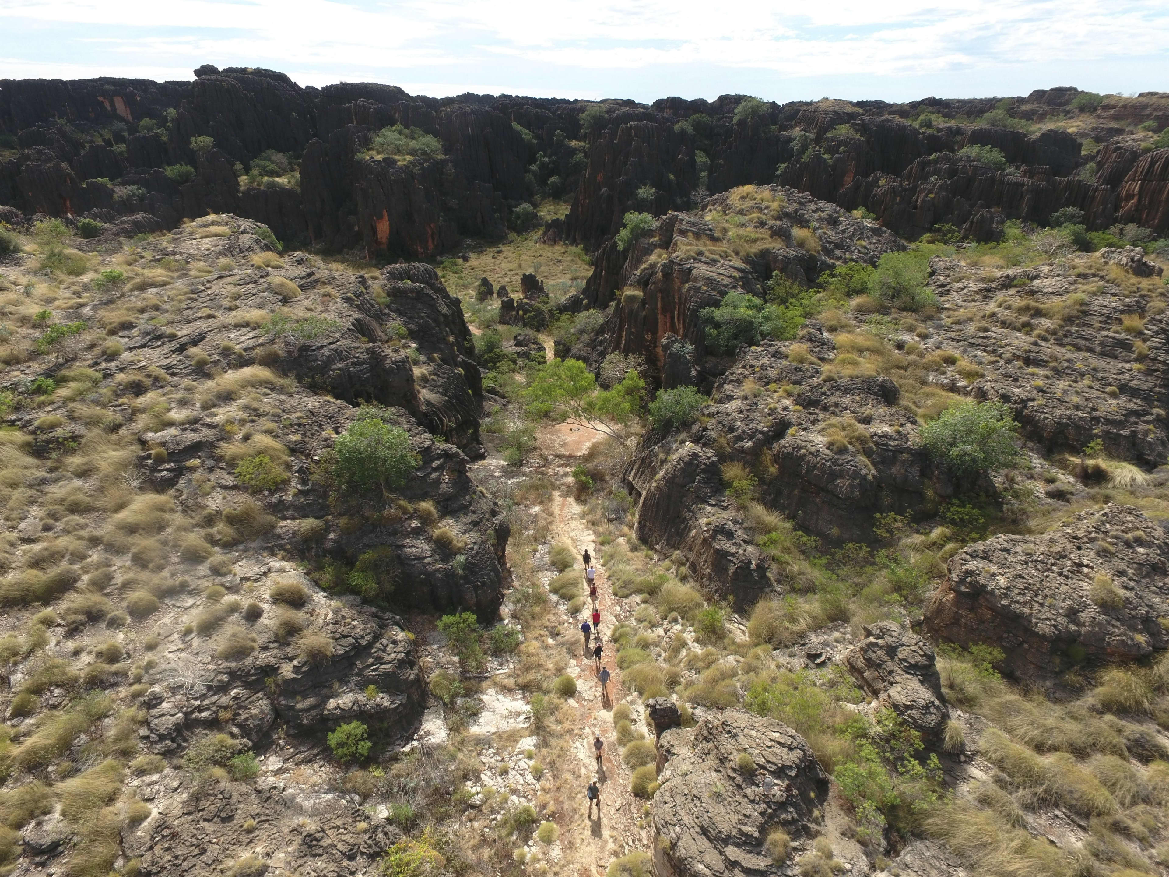 An aerial, high-angle view captures a line of hikers walking single-file along a narrow dirt trail winding through a rugged, rocky canyon. The landscape is dominated by weathered, dark grey rock formations and karst structures covered with patches of dry, yellowed grass and scattered green shrubs. The trail cuts through the center of the rocky terrain, leading toward a dense maze of steep cliffs and deep ravines in the background under a mostly clear, bright sky.