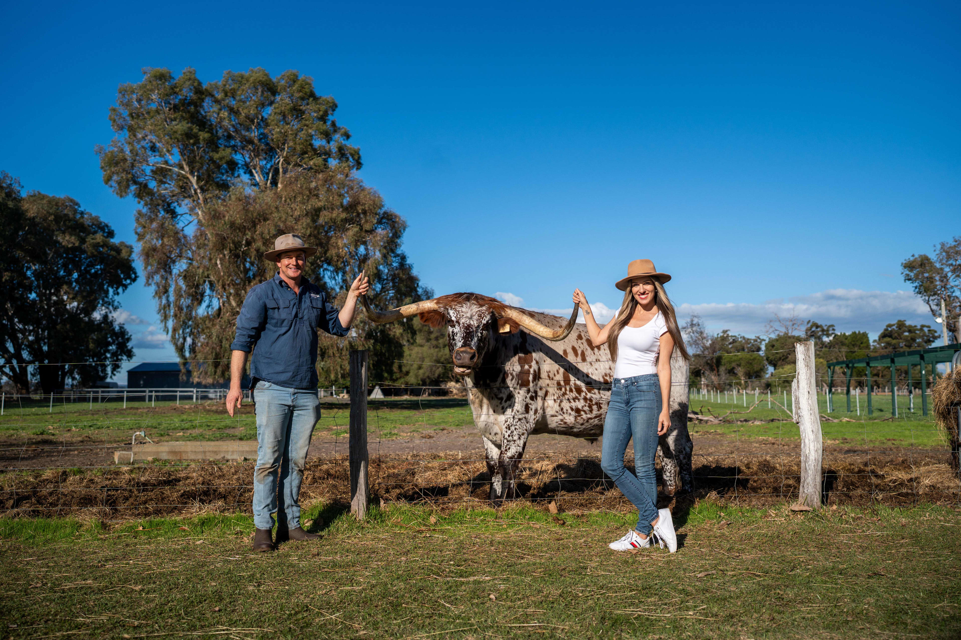 A man and a woman stand on either side of a Texas Longhorn cow, each holding the end of its horns, in a country backdrop.